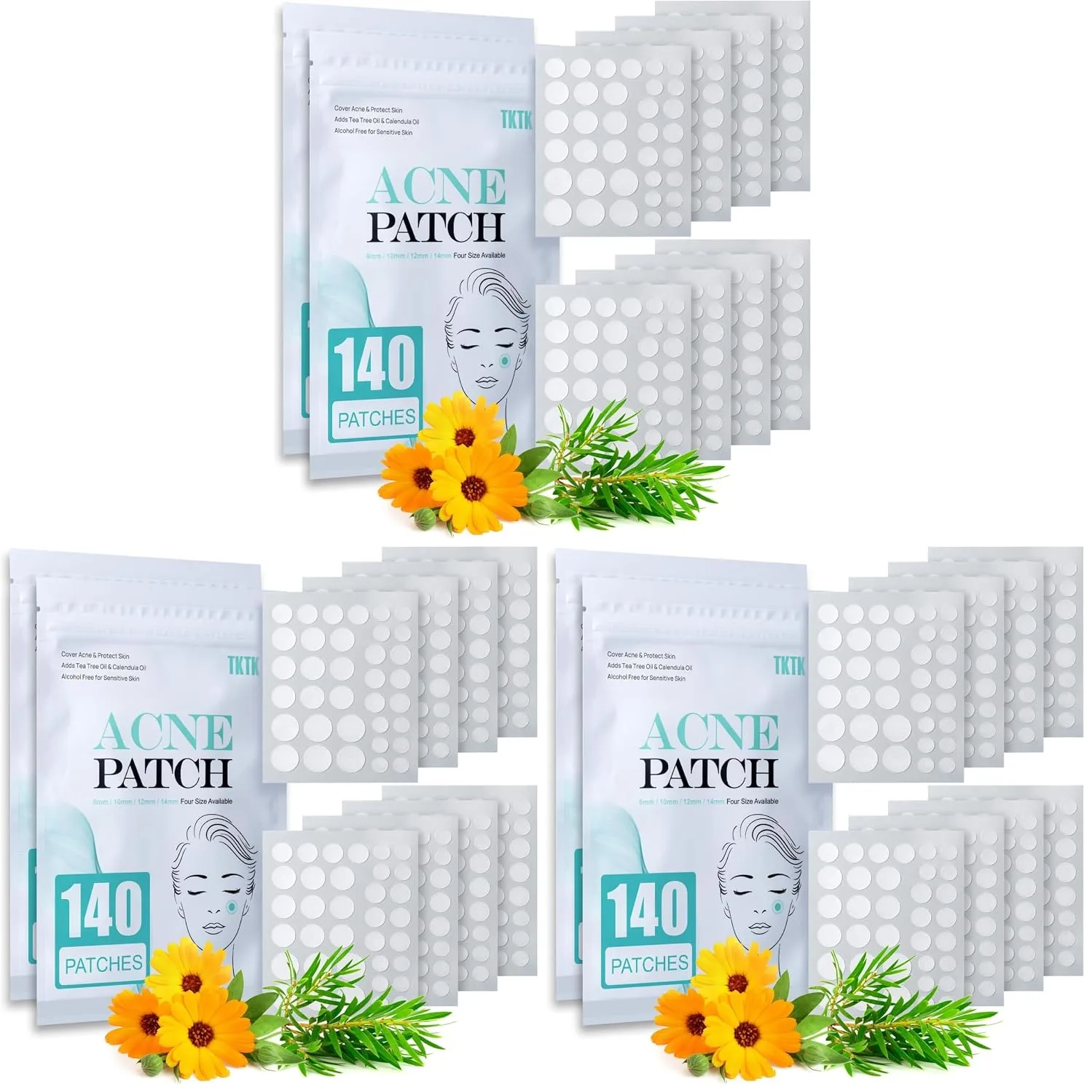TKTK Pimple Patch Acne Patch, 4 Sizes 280 Patches Acne Absorbing Cover Patch, Hydrocolloid Invisible Acne Patches For Face Zit Patch Acne Dots Tea Tree, Calendula Oil - 6 Pack