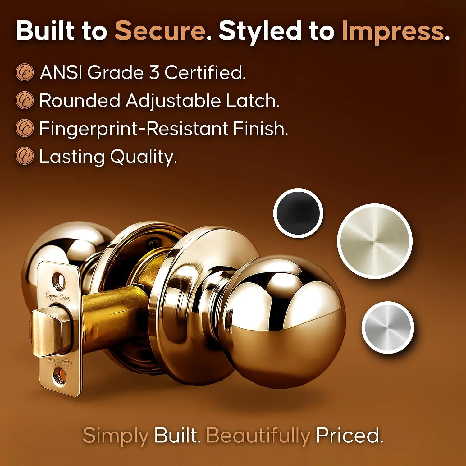 Copper Creek Passage Interior Door Knob – ANSI Grade-3 Certified, Modern Heavy Duty Handle, Easy Install and Reversible for Bedroom, Bathroom & Closets – Polished Brass (1 Pack)