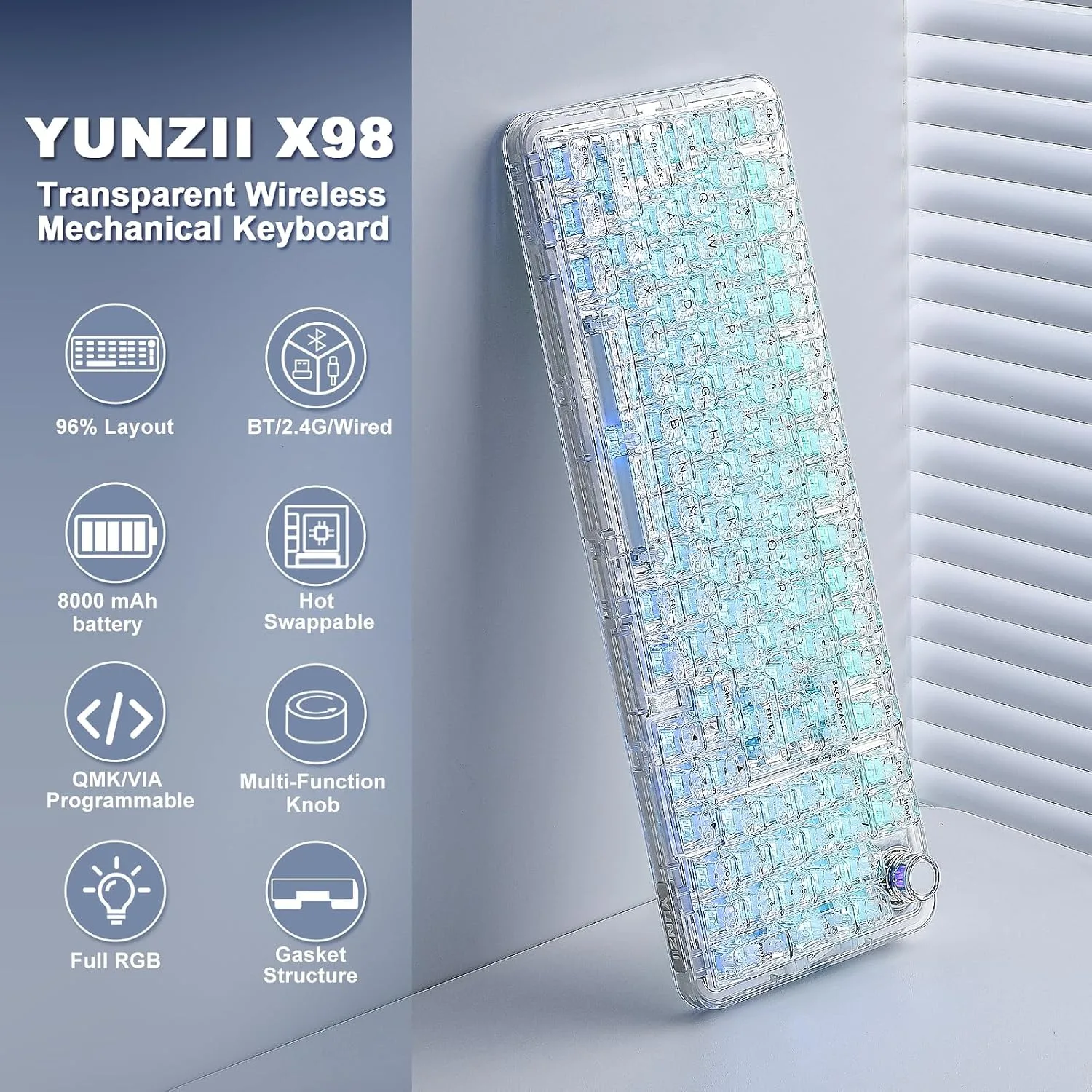 YUNZII X98 Wireless Mechanical Keyboard with Knob (White, Crystal Switch)