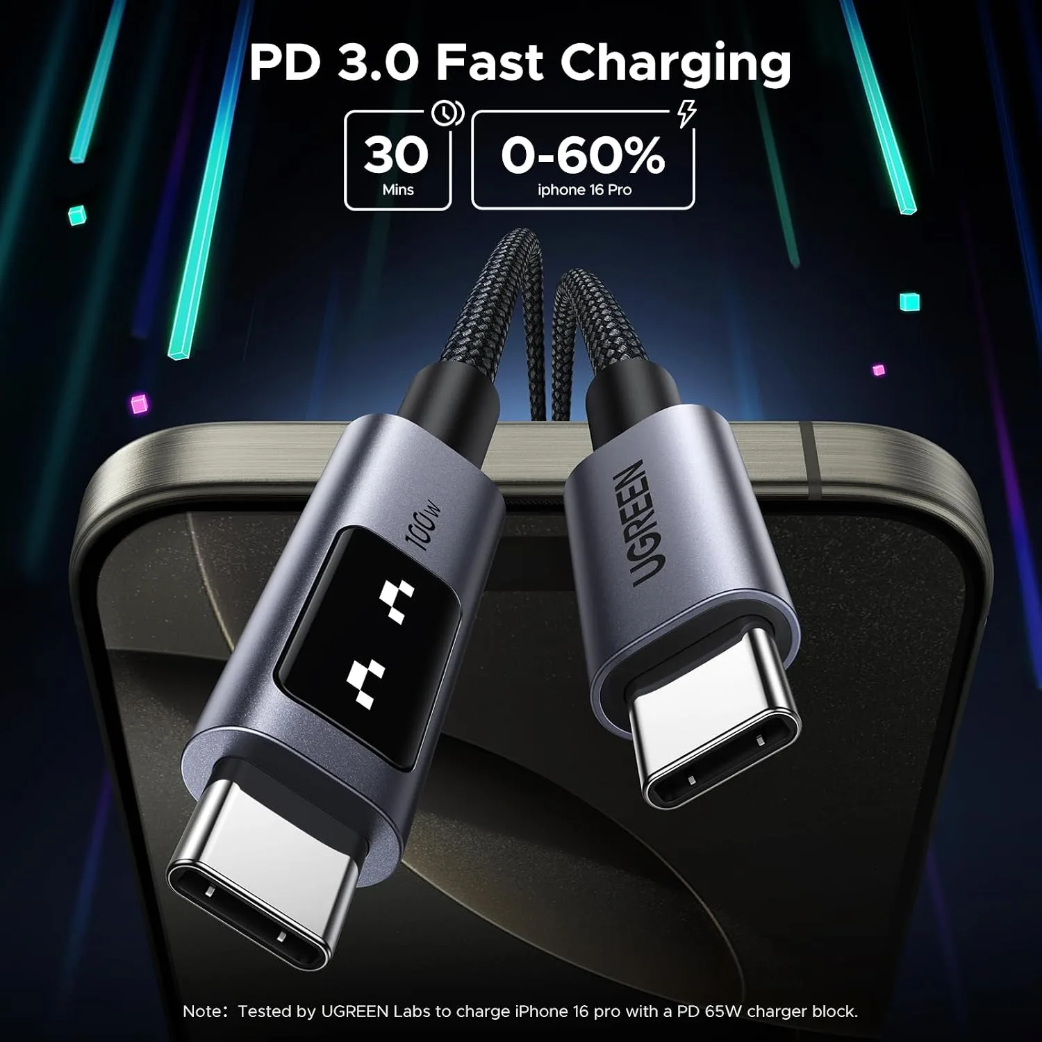 UGREEN Uno USB C Cable 100W with LED Display, Fast Charging, 6.6ft, Black