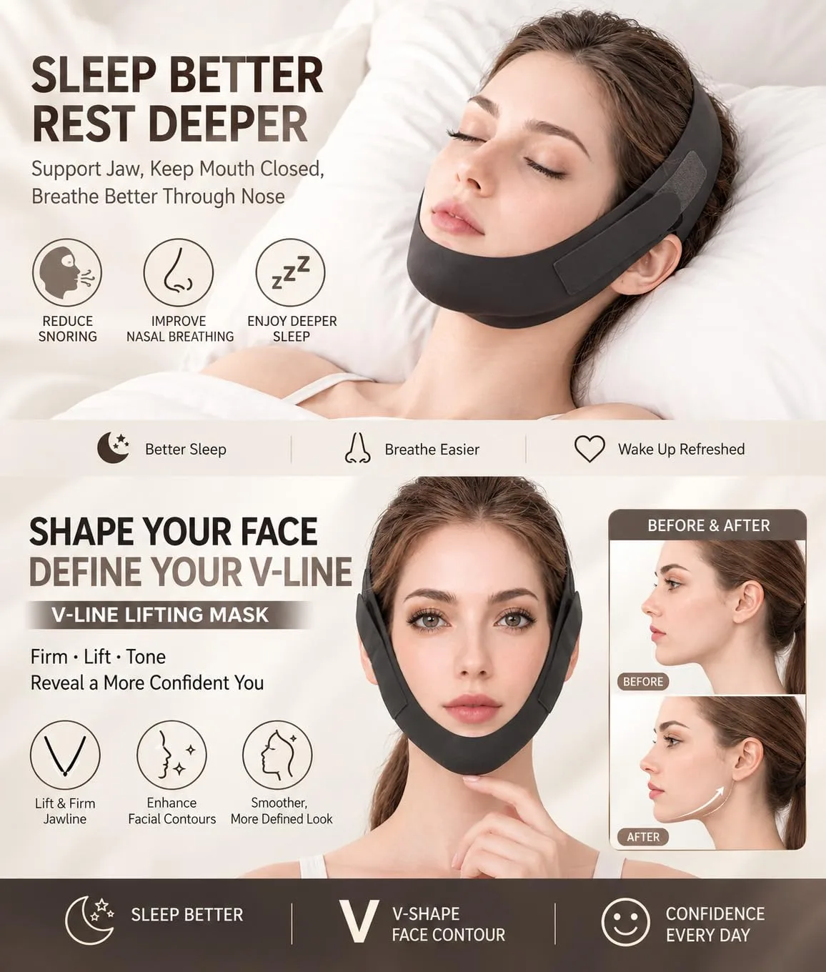 V Line Lifting Mask Chin Strap for Sleeping, Face Lifting Strap, Chin Strap, V Line Mask, Jawline Shaper, Jaw Strap, Double Chin Reducer, Face Lift Tape & Snoring Solution (Black)