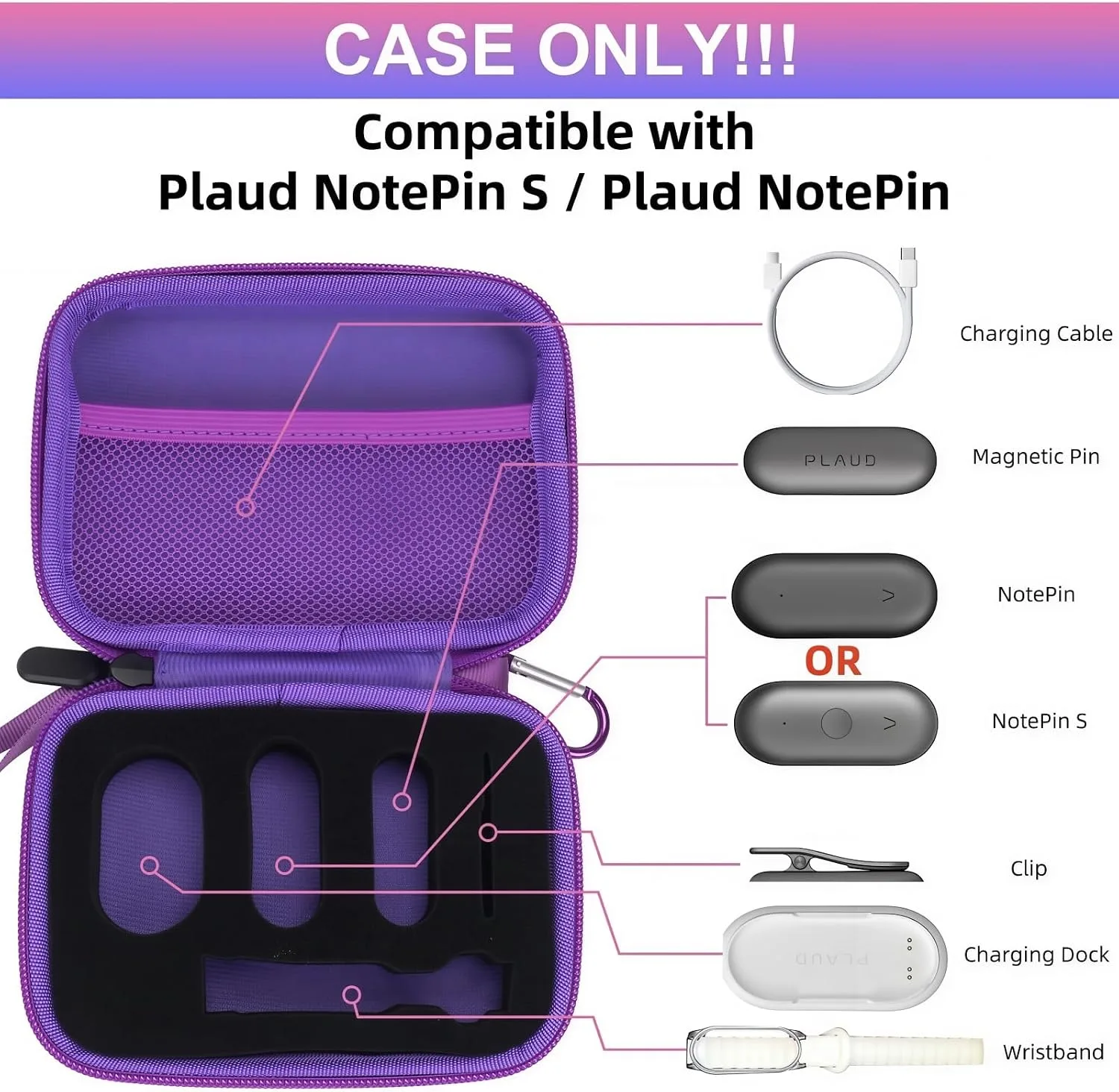 YouKnow Hard Case Compatible with PLAUD NotePin/NotePin S AI Voice Recorder - with Custom Foam Insert Holds Recorder, Magnetic Pin, Clip, Dock, Wristband & Cable (Case Only) (Galaxy)