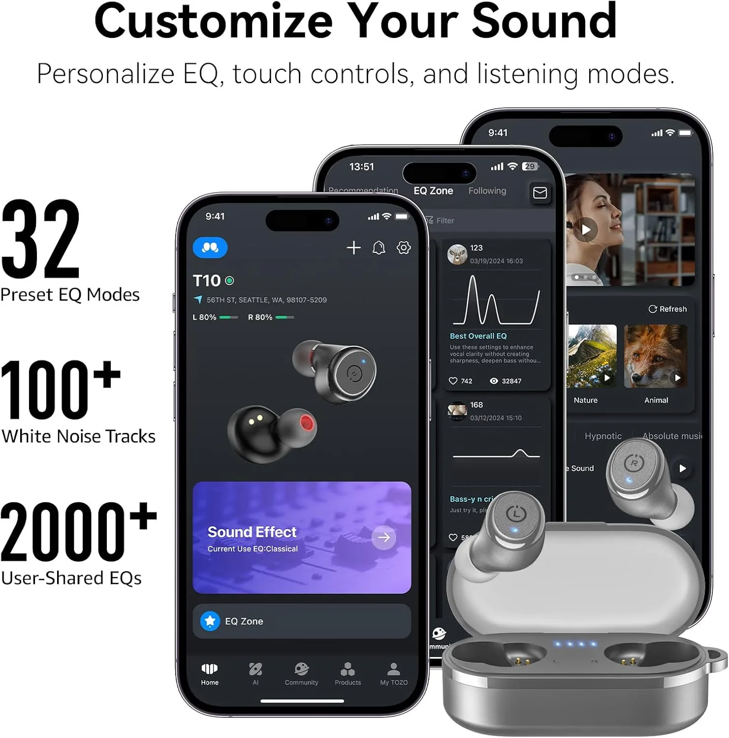 TOZO T10 Wireless Earbuds Powerful Bass Stereo Wireless Charging, APP, IPX8