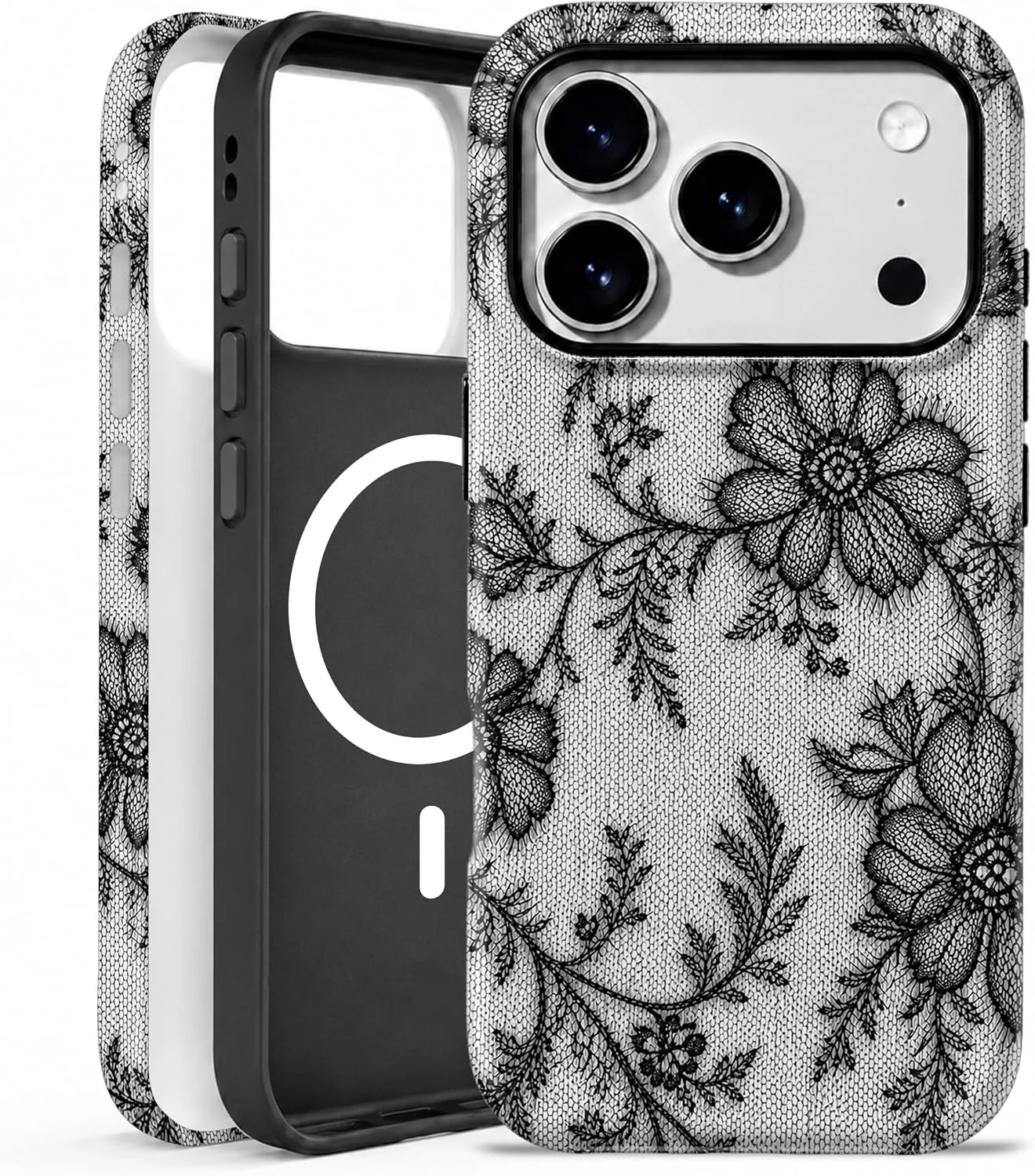 Magnetic for iPhone 17 Pro/18 Pro Black Lace Phone Case, Flower