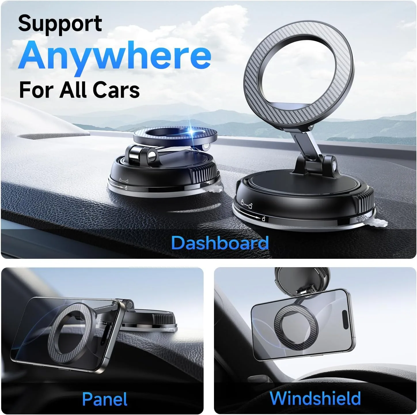Compact Foldable Car Phone Holder for Magsafe [78+LBS Strongest Suction & 2400gf Strongest Magnetic] 360° Adjustable Car Phone Mount, Bedstand & Desk Mounts for iPhone 18-12 Pro Max (Carbon Fiber)