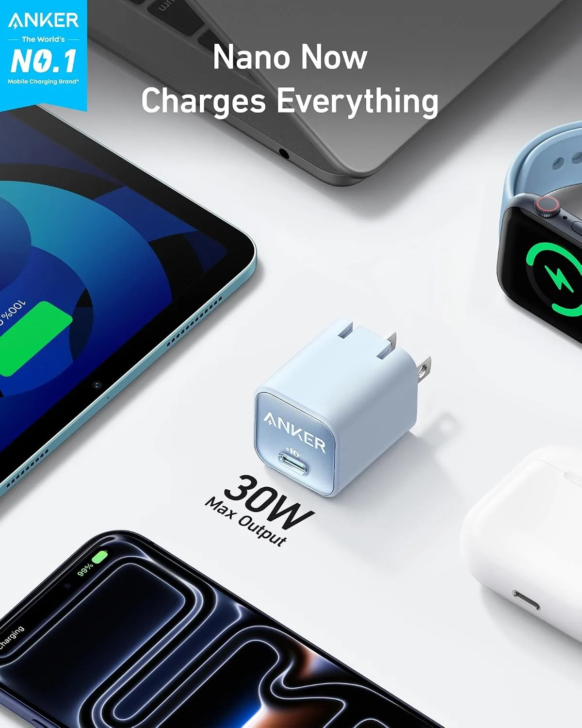 Anker Nano Phone Charger, 30W Portble and Foldable USB C GaN Charger (Blue)