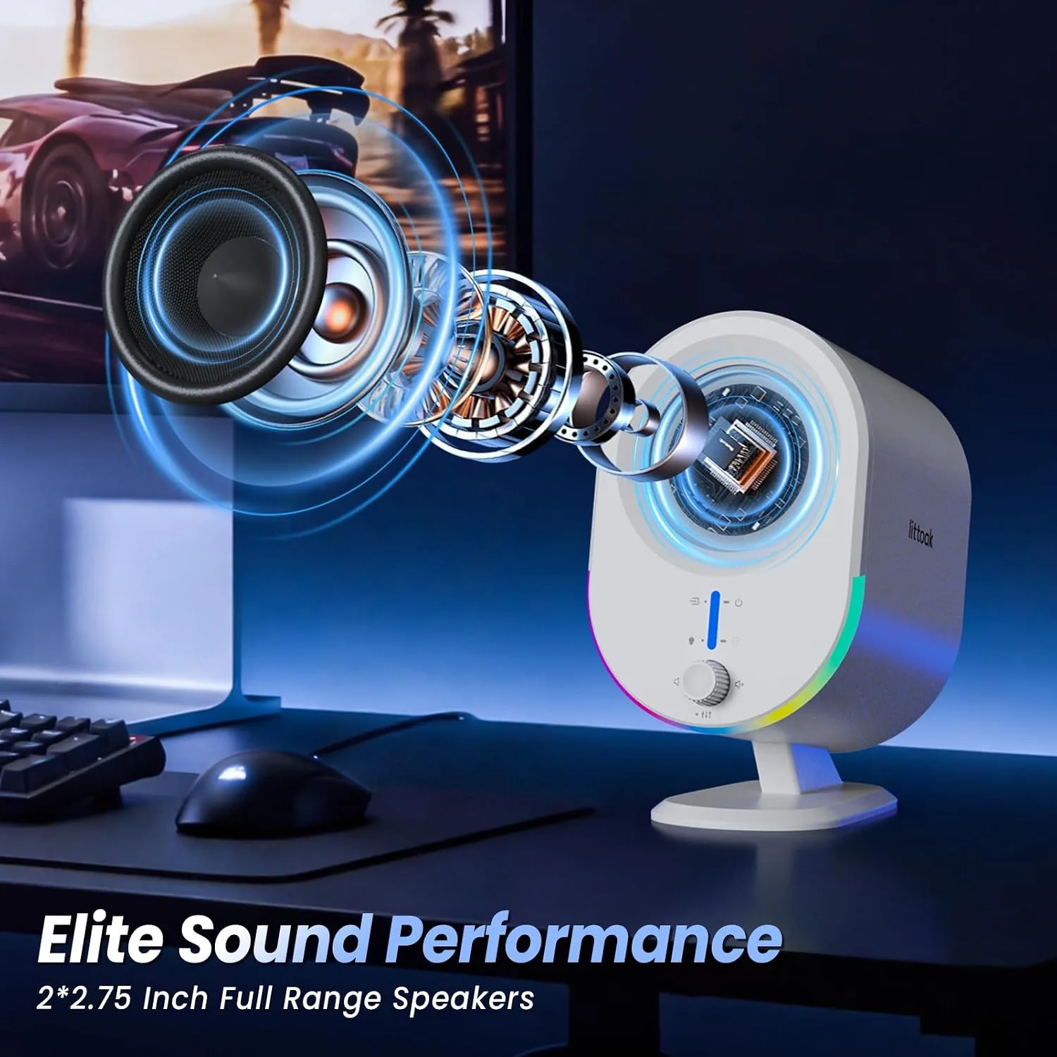 LITTOAK Bluetooth PC Gaming Speakers, 2 * 15W 2.0CH Stereo with 3 EQ & 6 RGB Modes, AC Powered Desktop Speakers with Aux/USB/Headphone Port for Laptop/TV, White