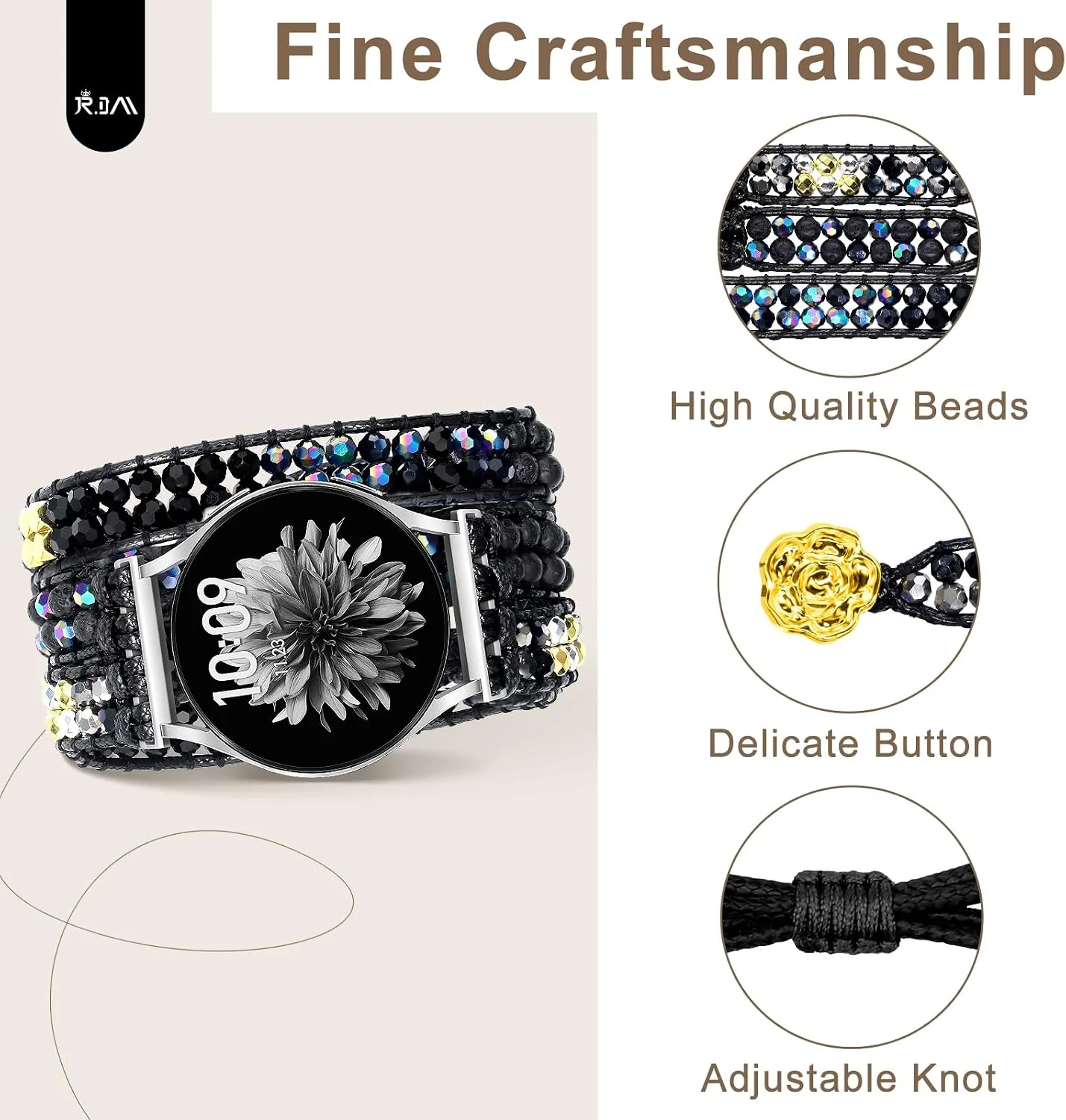 JR.DM Boho Beaded Handmade Braided Bracelet Band Women 20mm Compatible with Samsung Galaxy Watch 7/6/5/4/Active 2/4 Classic/6 Classic/5 Pro/FE 40mm 42mm 43mm 44mm 45mm 46mm 47mm