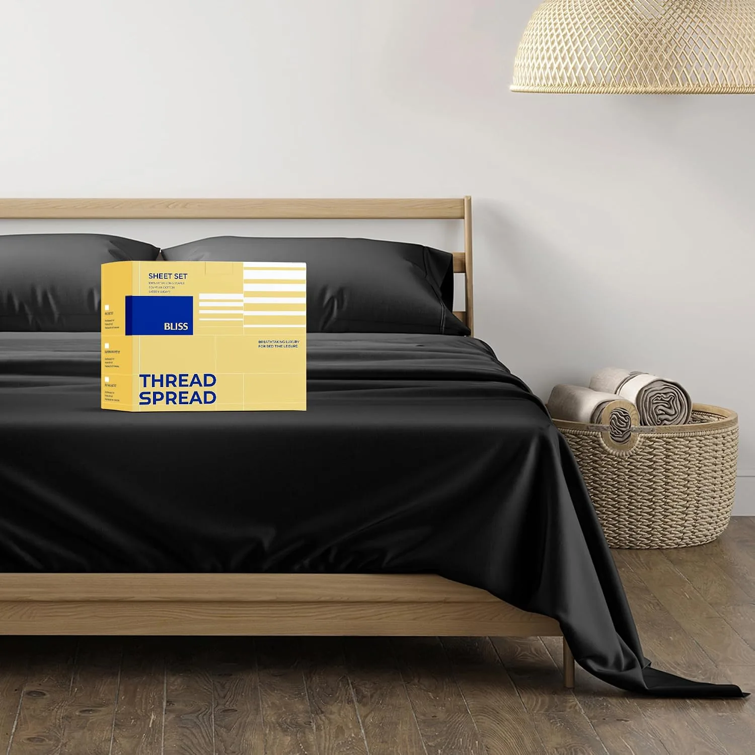 THREAD SPREAD Egyptian Cotton Sheets King Size - Luxury 600 Series King Size Sheets Set (4 PC, Black), 16" Deep Pocket All Around Elastic, Soft, Cooling, Sateen Weave, Durable Hotel Bed Sheet Sets