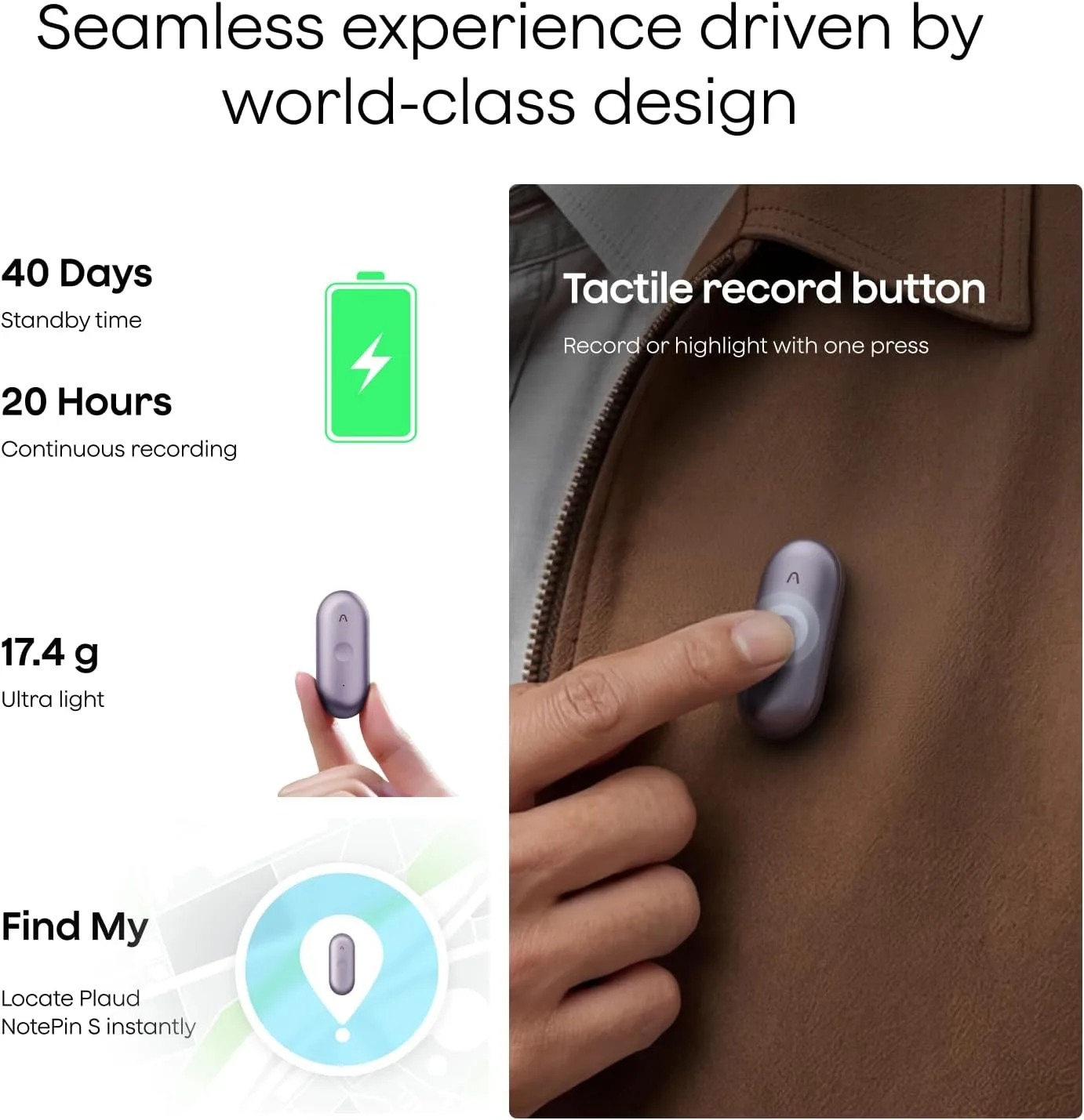 Plaud NotePin S Wearable AI Voice Recorder, Transcribe & Summarize, Purple