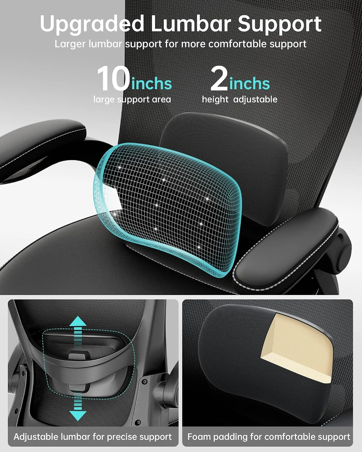 MUXX.STIL Office Chair, PU Leather Ergonomic Desk Chair with Adjustable Lumbar Support and Flip up Armrest, Breathable Mesh Computer Chair for Home Office, Black