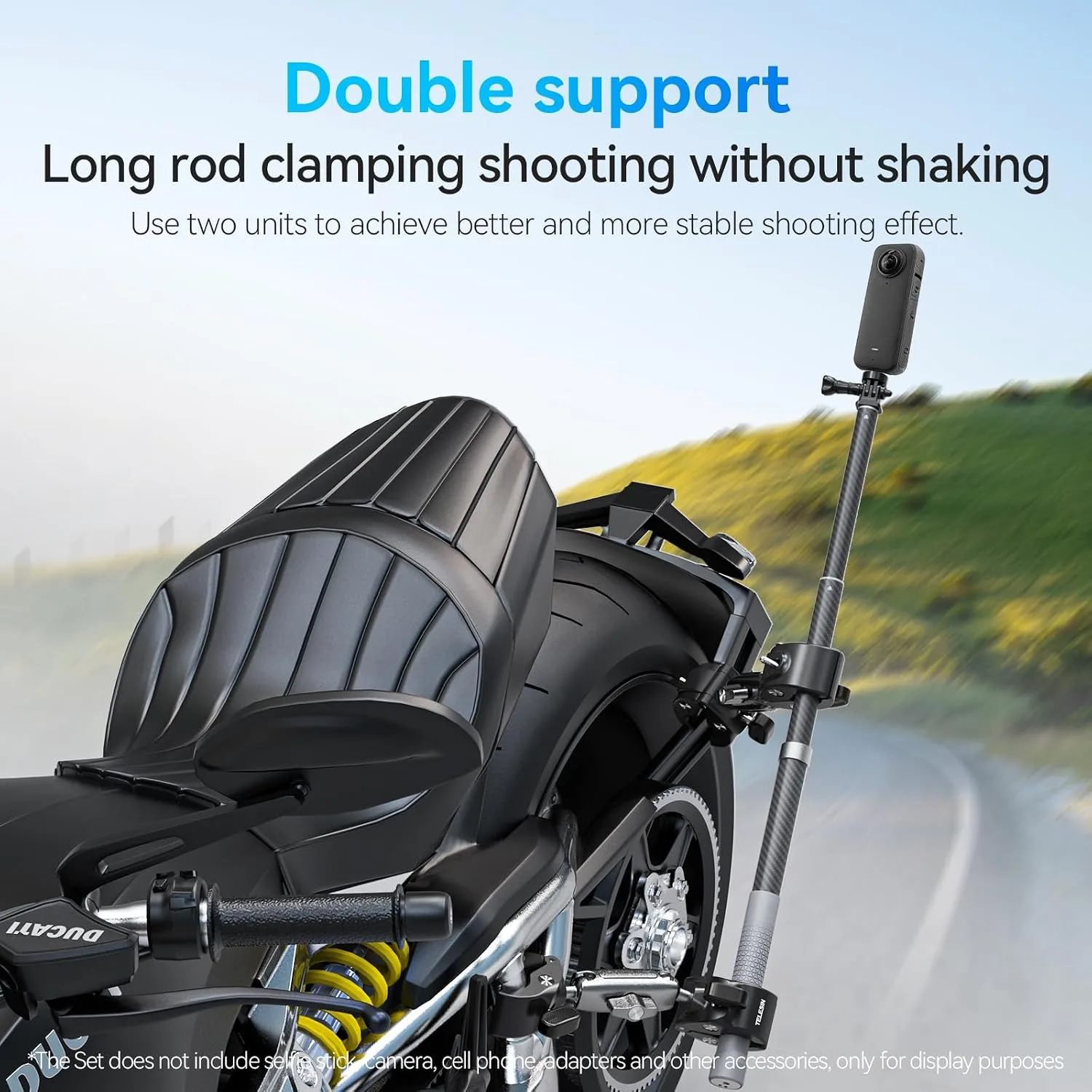 TELESIN 360 Dual Ball Clamp Mount, Bike Bicycle Motorcycle Handlebar Stick Pole Mount Holder Accessories for DJI Action 6/5/4/3, GoPro Mission 1 PRO, Hero 13 12, Insta360 Luna Ultra 360 X5, Xtra Muse