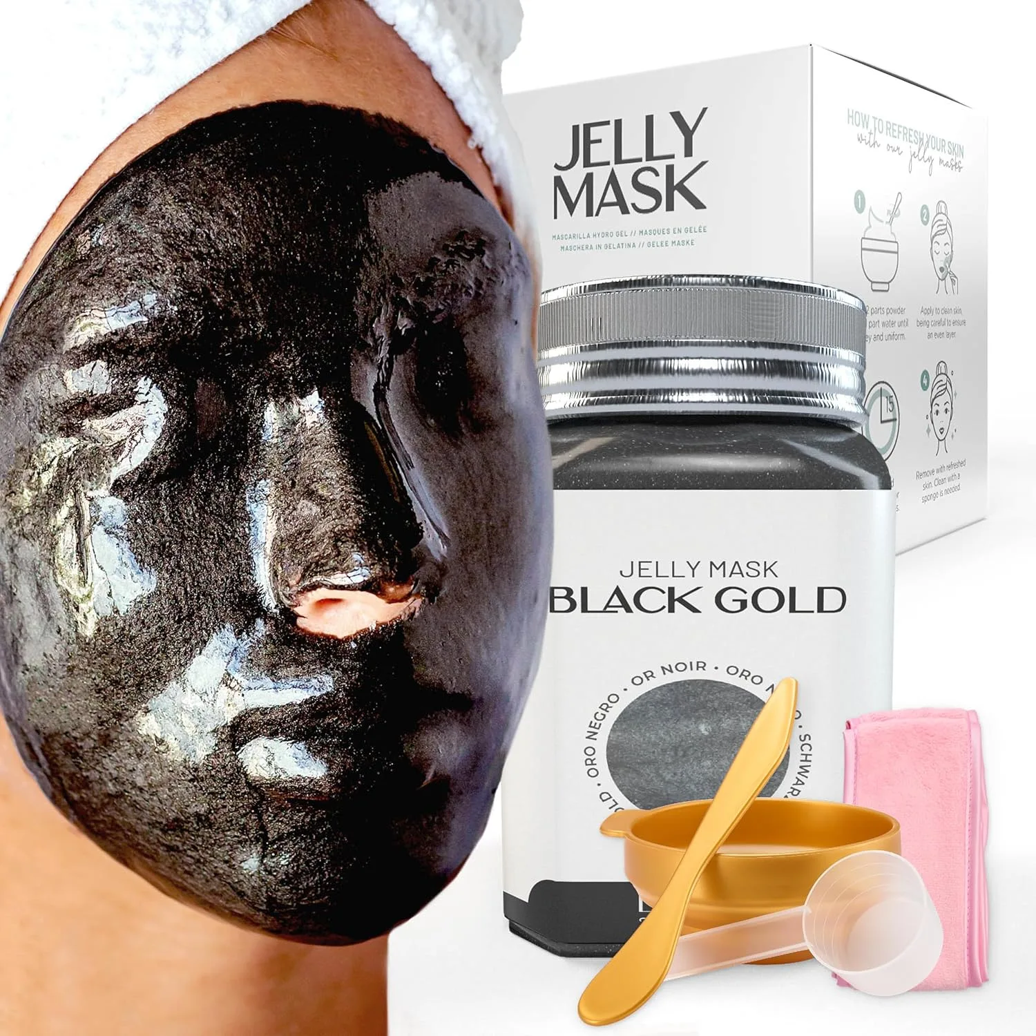 BRÜUN Jelly Mask Jar Black Gold Salicylic AC BHA Peel-Off Face Care Rubber Mask | 23 fl oz Skin Care Moisturizing Gel Mask Jar Spa Set
