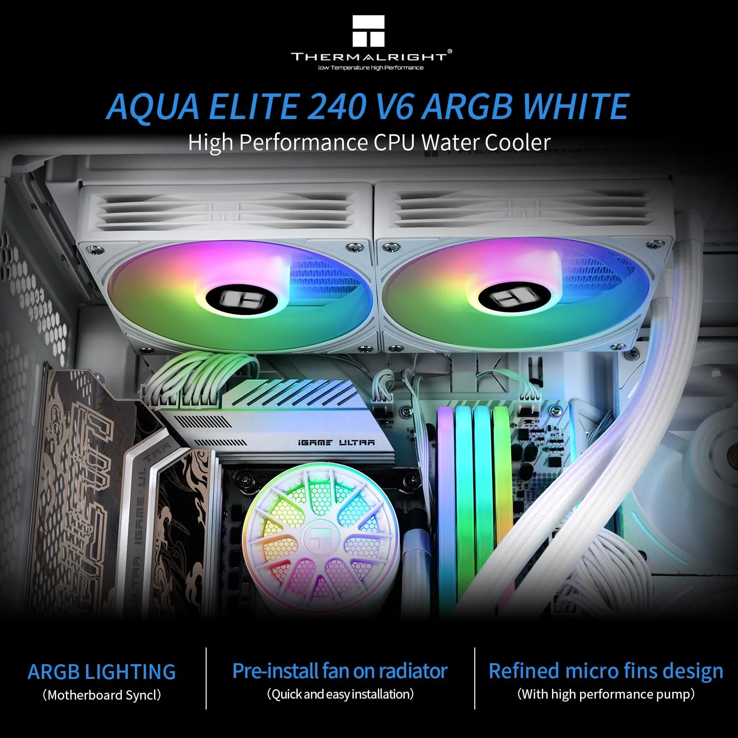 Thermalrlght Aqua Elite 240 V6 ARGB White CPU Liquid Cooler, 240 Cooling Row Size,2x120mm Water Radiator,AMD: AM4/AM5,Intel LGA115X/1200//1700/1851