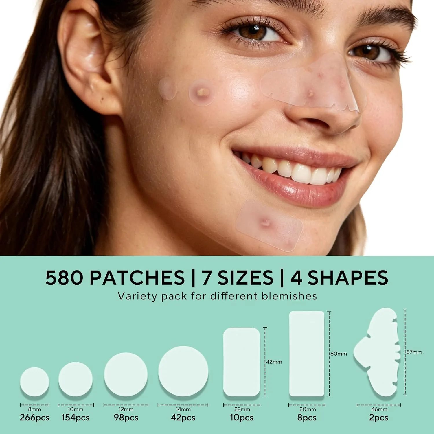 QUSTERE 580 Count Pimple Patches for Face, Large Hydrocolloid Acne Patches Stickers Bandages, Blemishes Zit Breakouts for Cheeks, Forehead, Chin, Nose for Full Face & Body | 7 Sizes | 4 Shapes