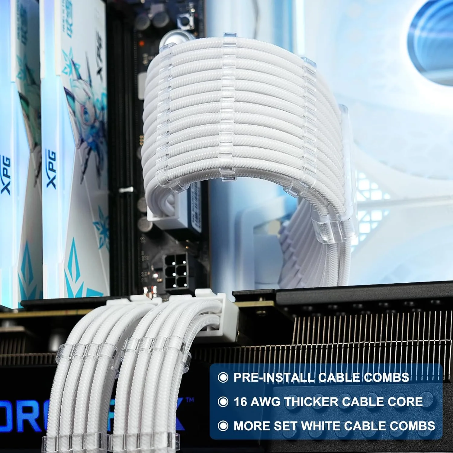 Sirlyr White 16AWG PSU Cable Extension Kit,24/8Pin,Pre-Install Combs