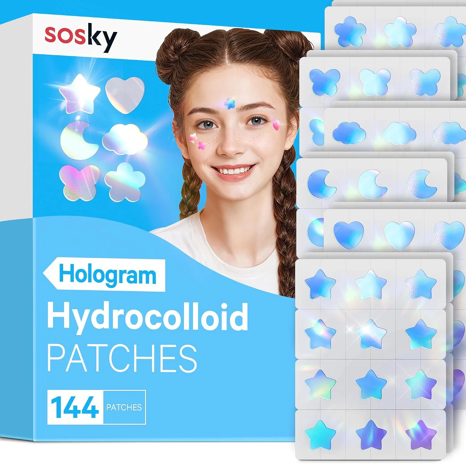 Sosky Holographic Star Pimple Patches, Hydrocolloid Acne Patches, 144 Count Blue Star Heart Moon Cloud Butterfly Flower