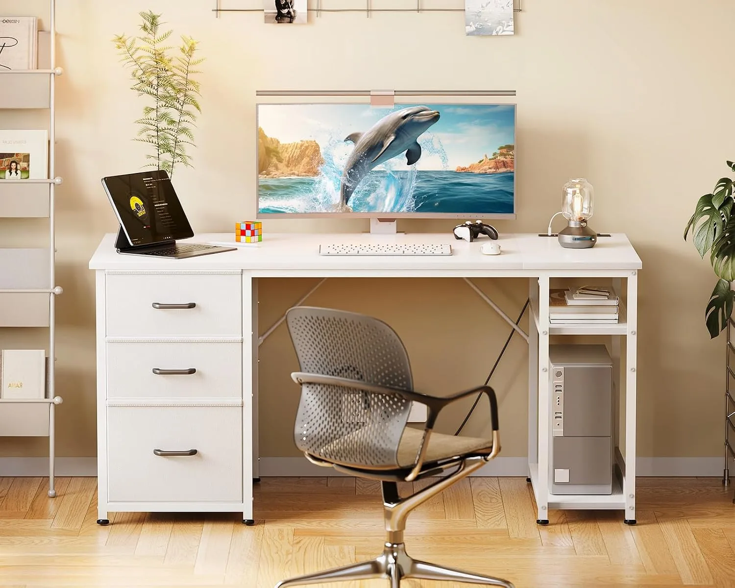 AODK 51 Inch White Computer Desk with Drawers & USB Power Outlets