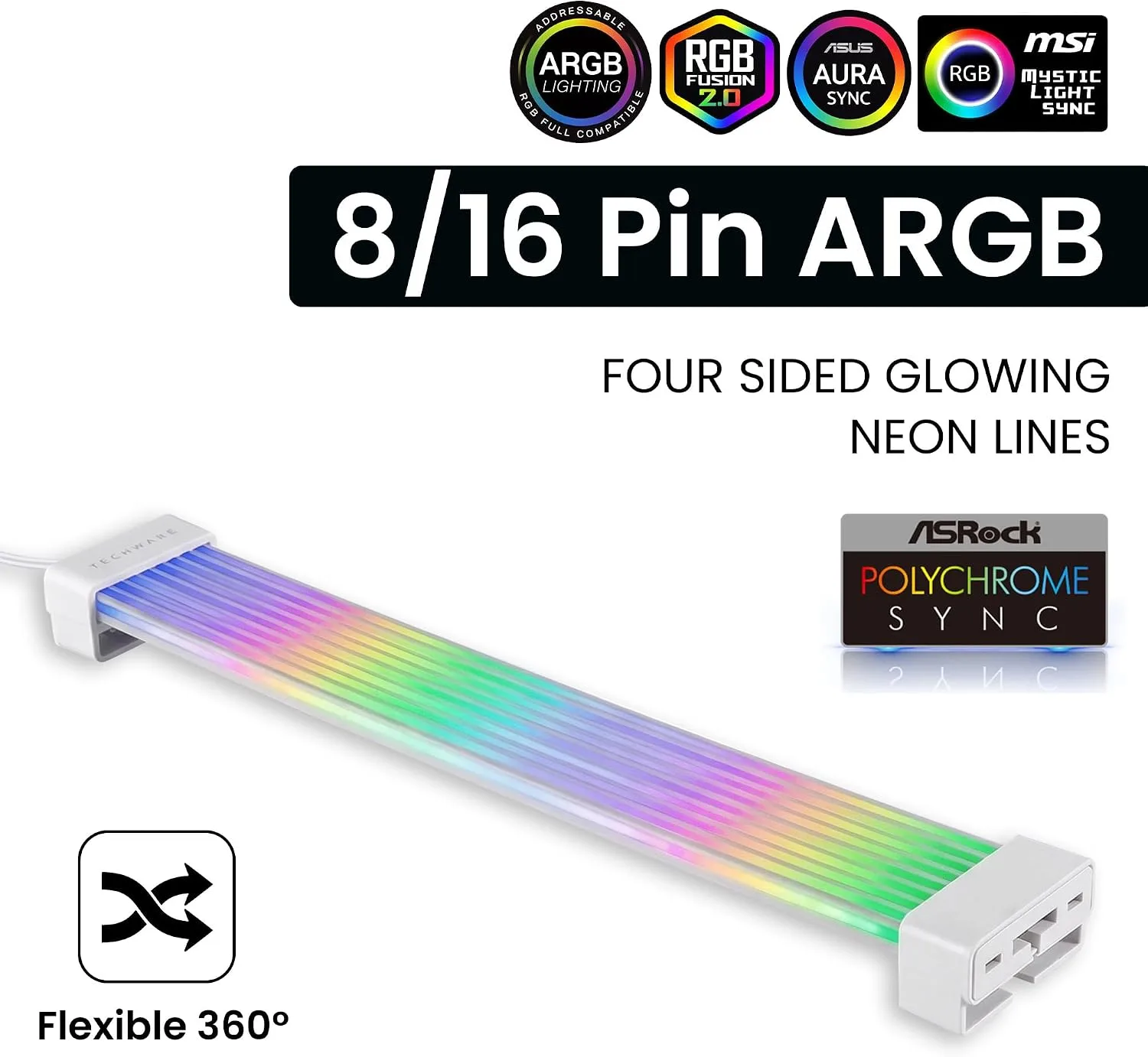 TECWARE Flex RGB Cable Cover Kit | Compatible with 2x8-Pin Motherboard with SATA Dongle | ARGB PSU Cable Extension with 5V 3-Pin Sync | RGB Lighting Kit for PC Cables | White