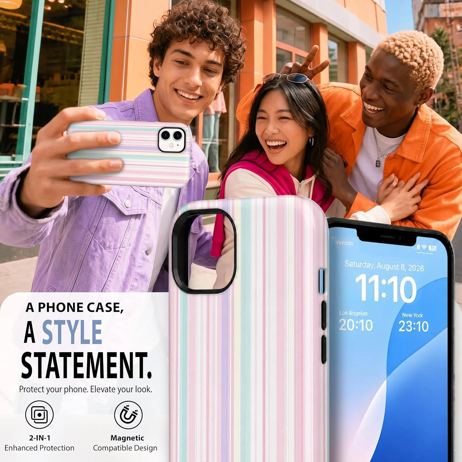 Magnetic for iPhone 11 Phone Case, Cute Trendy Pastel Pink Striped