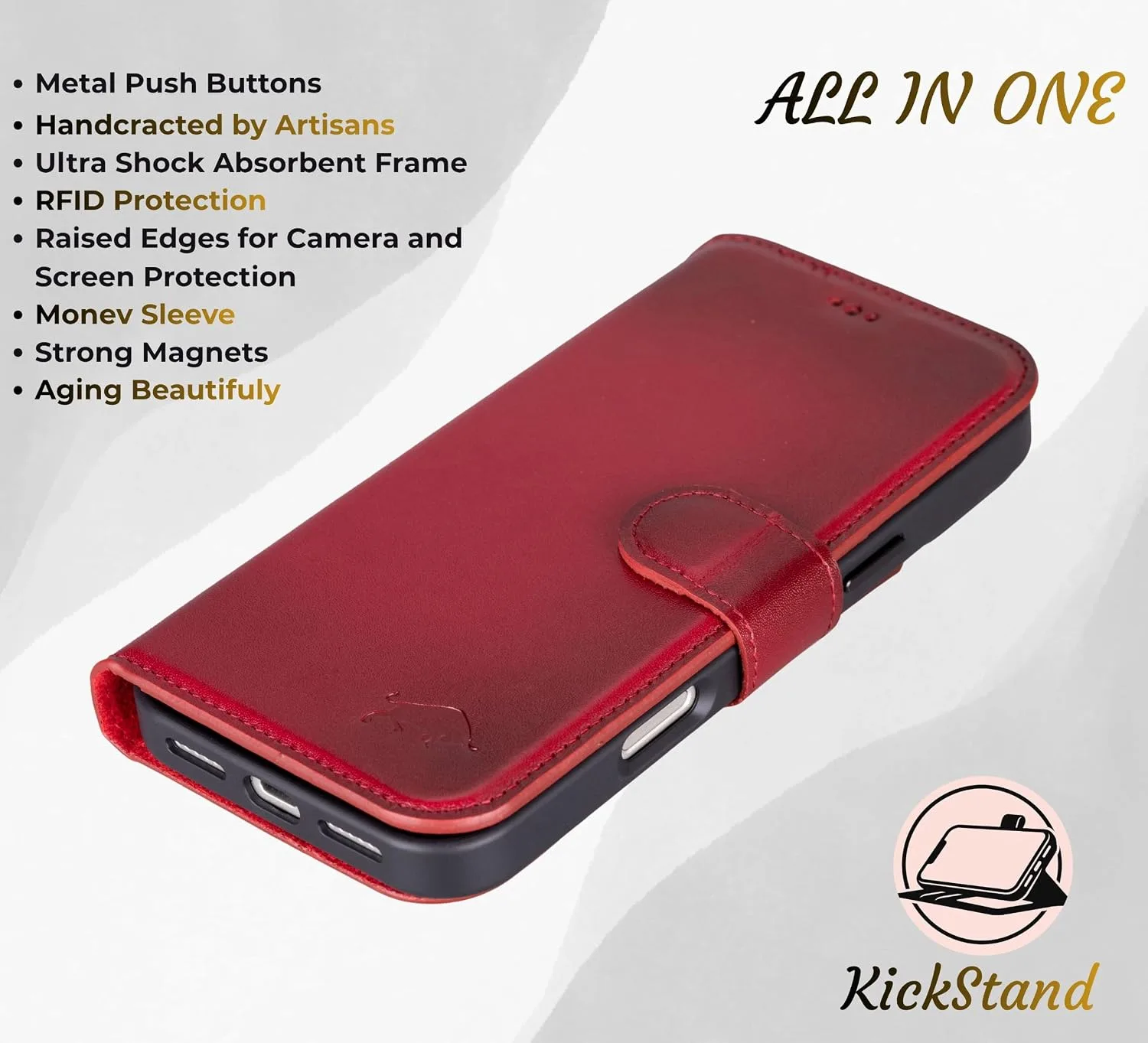 VENOULT Wallet Case for iPhone, Full Grain Genuine Turkish Leather, Magnetic Detachable, RFID 4 Card Slots, Business Style, Compatible with MagSafe (Cranberry, iPhone 17 Pro)