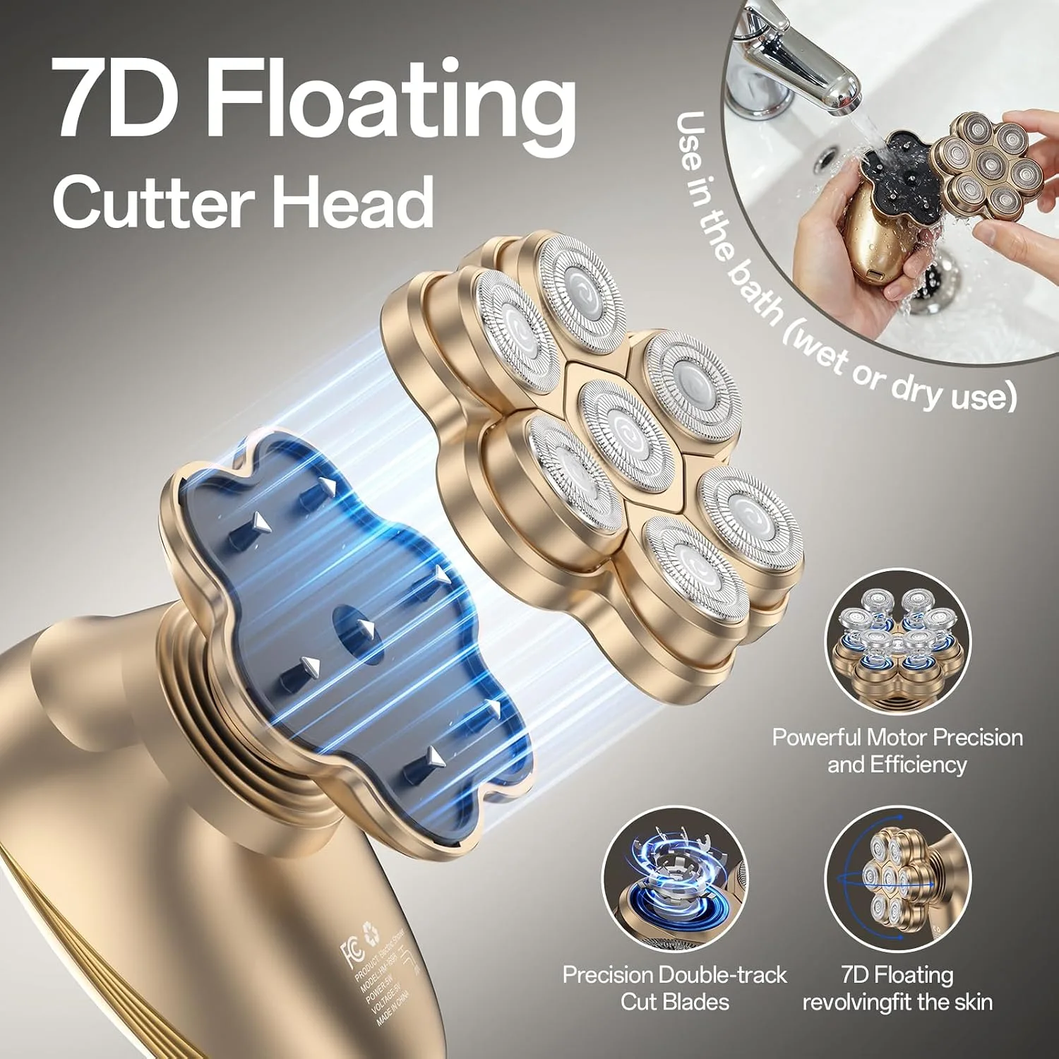 5-in-1 Head Shaver for Bald Men – 7D Floating Rotary Shaver,Electric Razor for Men with Magnetic Detachable Heads,IPX7 Wet Dry Waterproof Grooming Kit, Type-C Fast Charge for Travel (Gold)