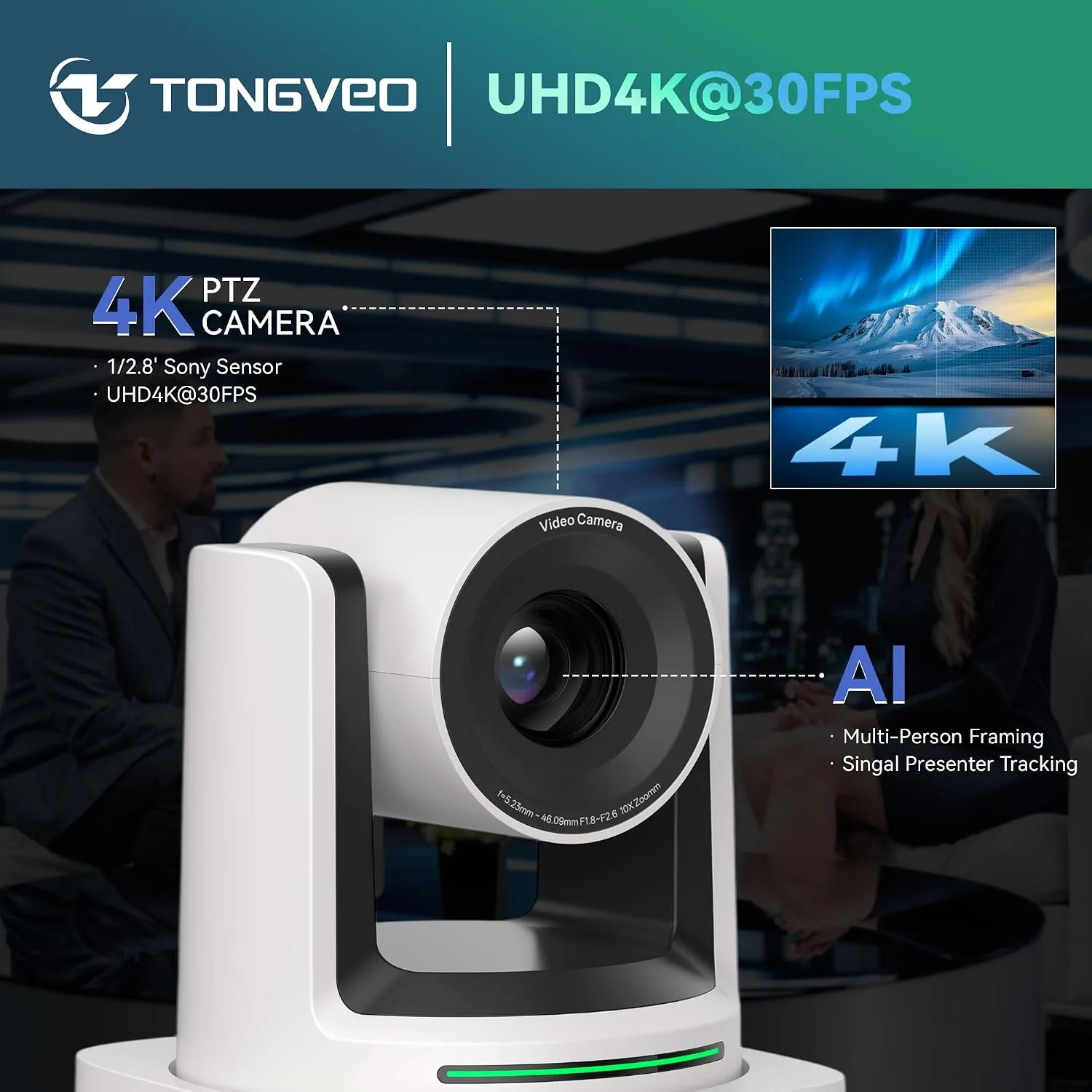 TONGVEO AI 4K PTZ Camera with Auto Tracking, 10X Optical Zoom Video Conferencing Camera, HDMI & USB 3.0 Plug and Play Webcam for Zoom, Teams, Church Worship, Live Streaming, Education