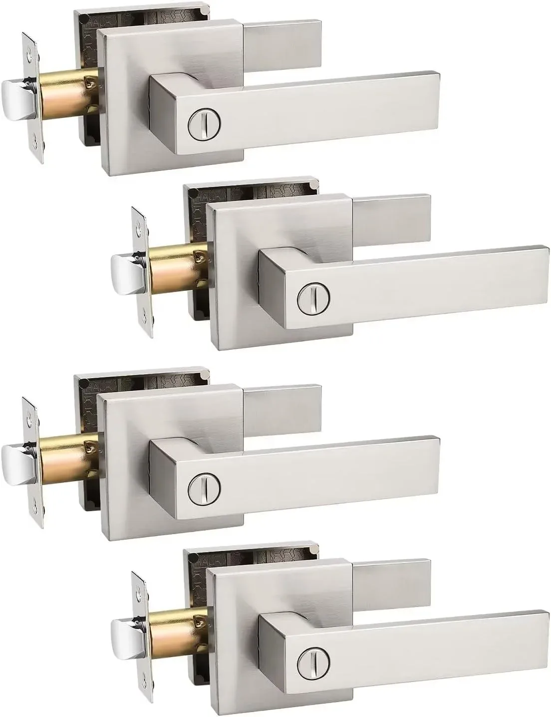 Tinewa 4 Pack Privacy Square Brushed Nickel Door Handles Interior, Keyless Door Knobs for Bedroom/Bathroom, Reversible for Left Right Handed Doors