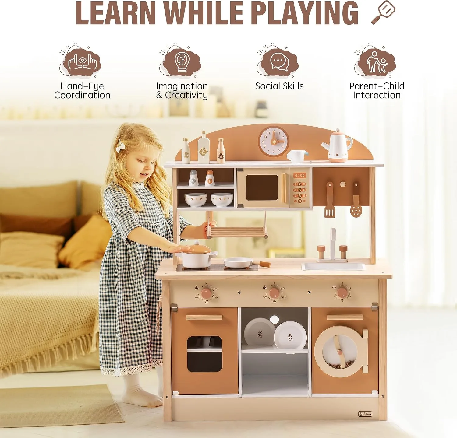 ROBUD Wooden Play Kitchen for Kids Toddlers, Kids Kitchen Playset