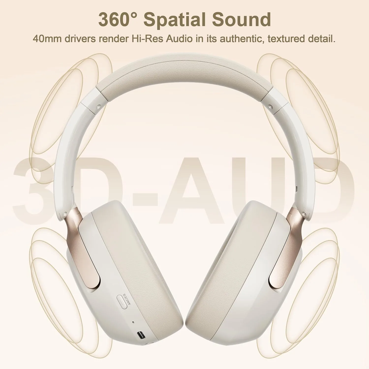 LORELEI QC30 Hybrid Active Noise Cancelling Headphones,Over-Ear Wireless Bluetooth,Beige Protein Leather, Active Noise Control & Transparency Mode,Deep Bass, Built-in Mic