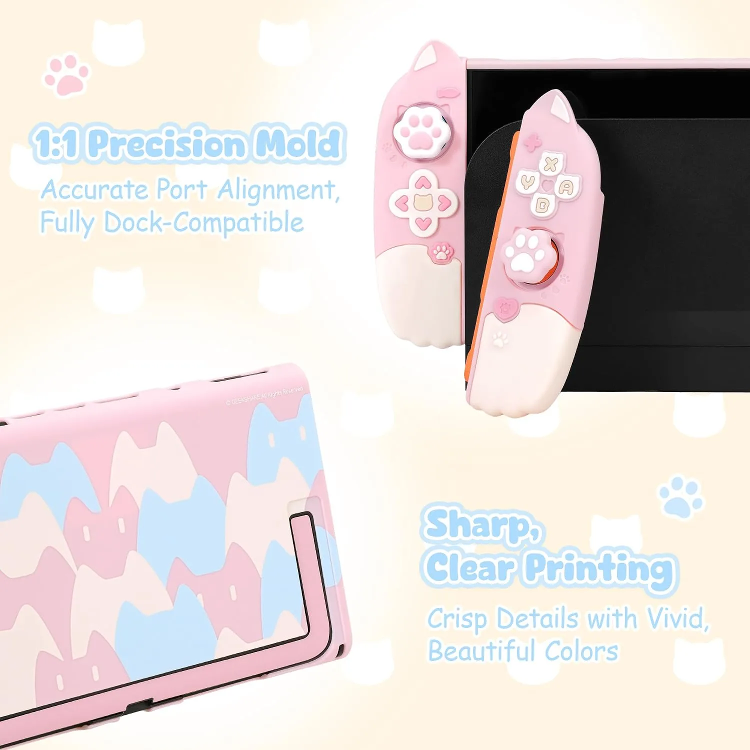 Geekshare Protective Case Set Compatible with Switch 2, PC Back Plate with Silicone Joysticks Covers, Includes 2 Thumb Grips, Waterproof Protection (Pink Cat, for Switch 2)