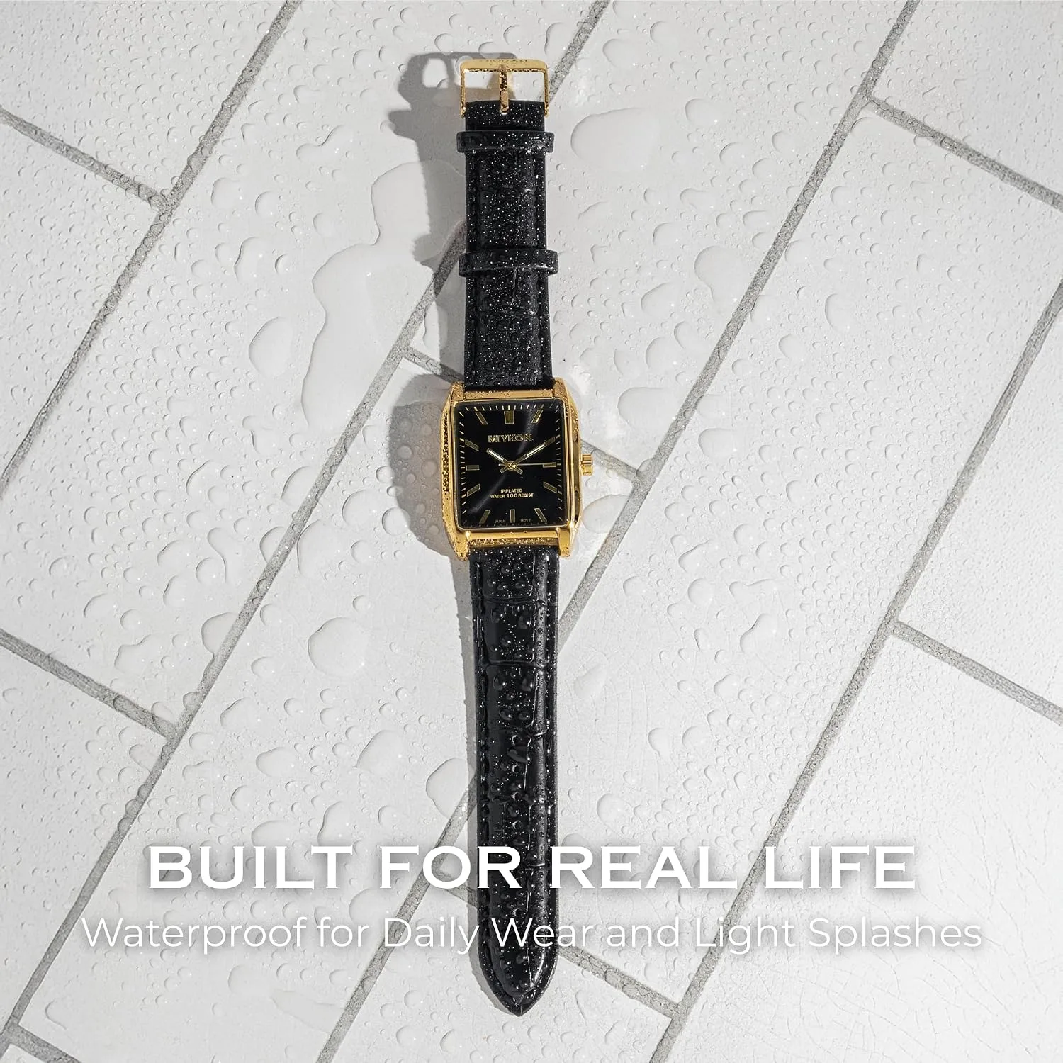 Miykon Men Vintage Tank Dress Watch, Genuine Leather Strap, Water Resistant