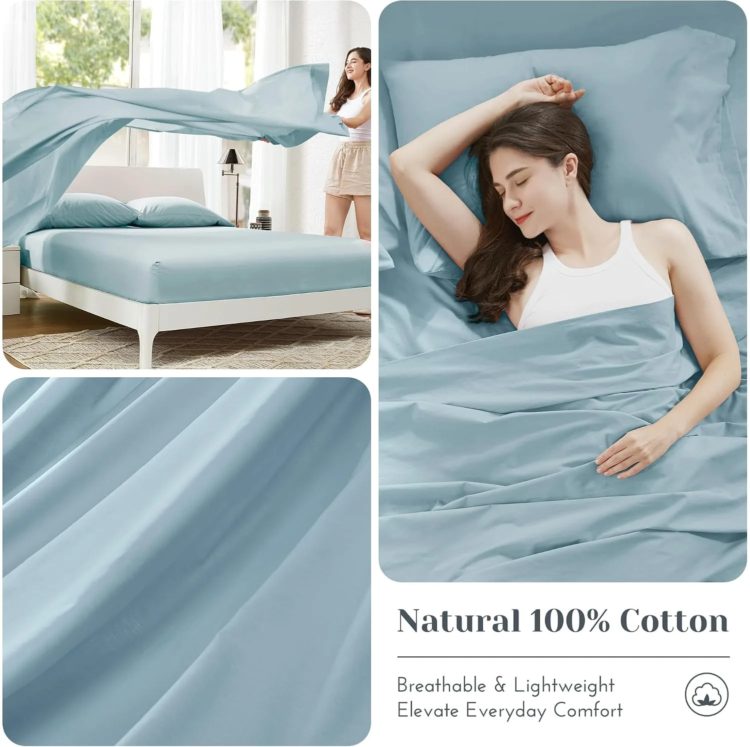Comfort Spaces 100% Cotton Percale Sheets Queen Sheet Set 4 Pcs, Light Blue