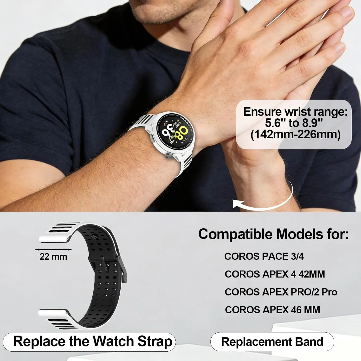 Silicone Replacement Bands Compatible with COROS PACE 3/4/Pro, COROS APEX PRO/2 Pro/APEX 46 MM/4 42MM, Soft & Breathable Smartwatch Straps for Women and Men