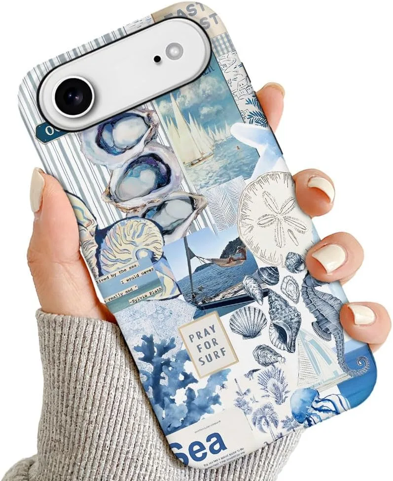 Case Compatible with iPhone 17 Air,Fall Prevention Hybrid 2-Layer Hard Shell Phone Cover for Girls Boys,Seashell Ocean Blue Retro Collage