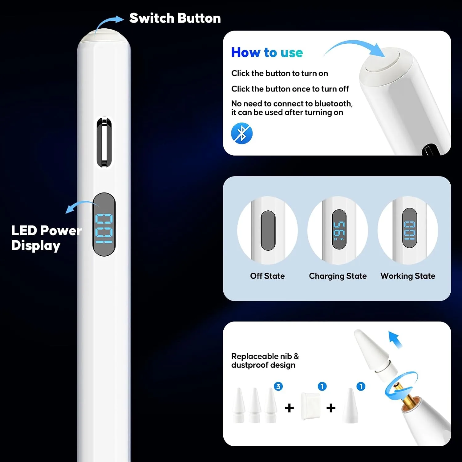A-PCE iPad Pencil 2018-2026, Fast Charging Stylus with LED Display, White