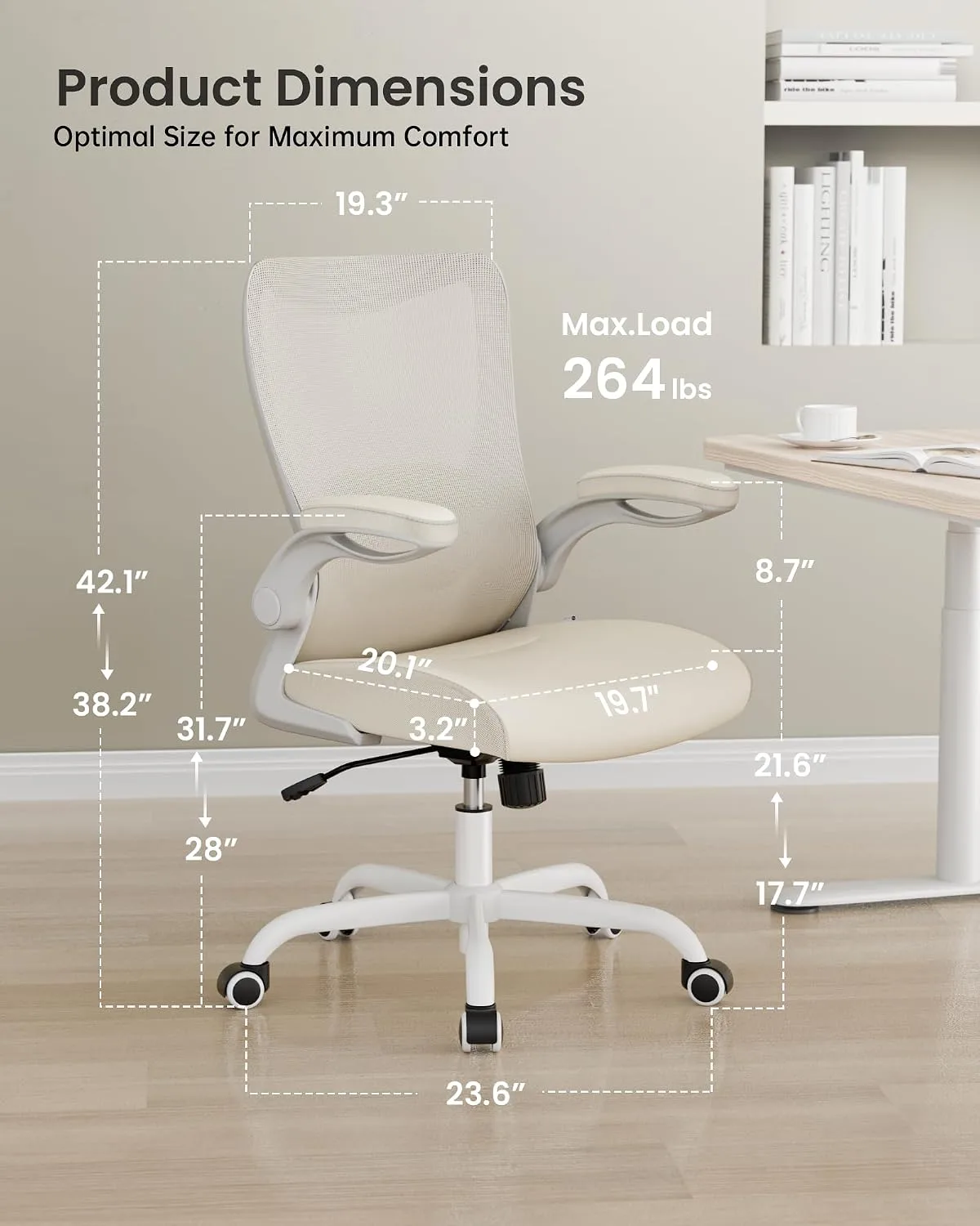 MUXX.STIL Office Chair, PU Leather Ergonomic Desk Chair with Adjustable Lumbar Support and Flip up Armrest, Breathable Mesh Computer Chair for Home Office, Khaki