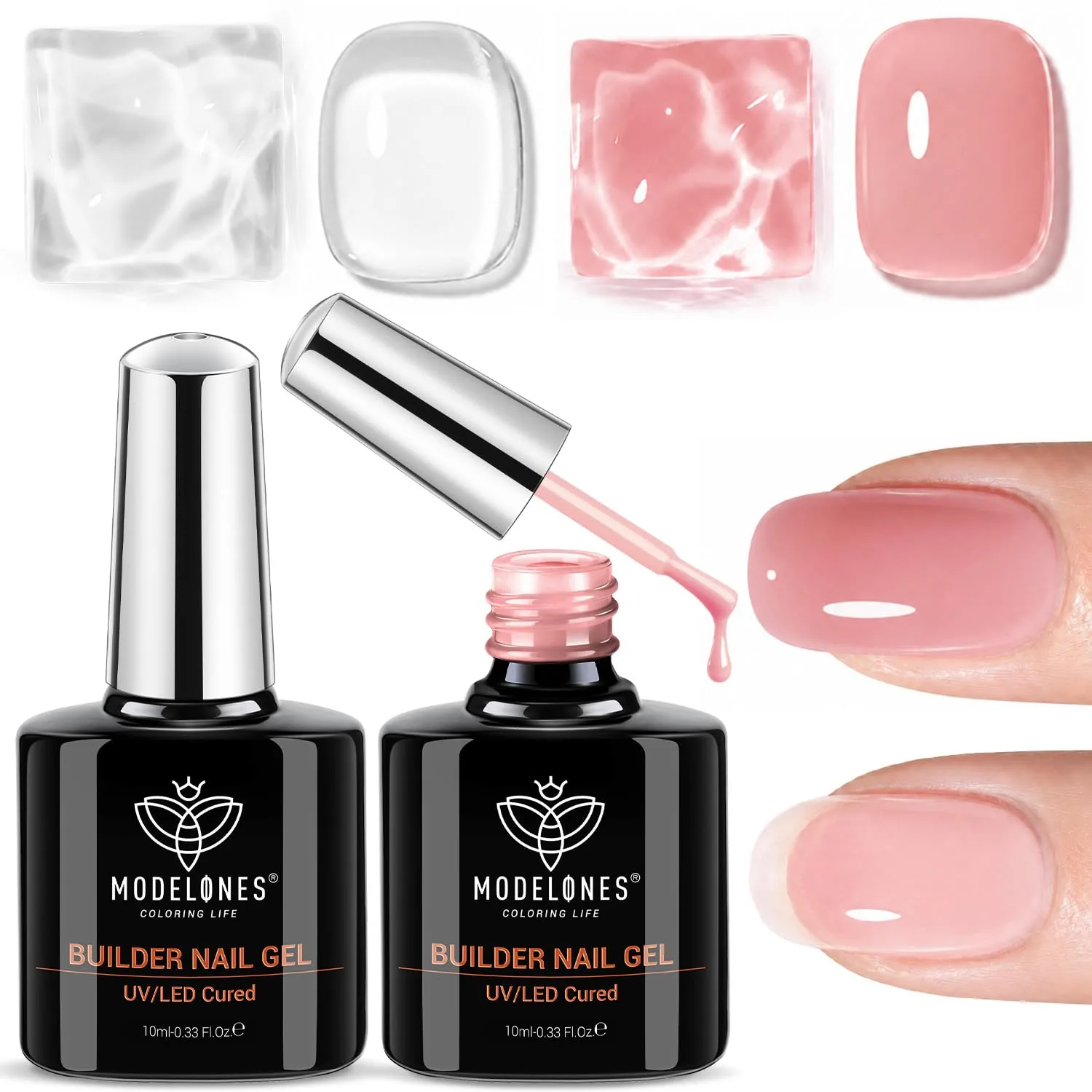 modelones Base Coat Builder Nail Gel, 2 Pcs Clear and Rose Nude Pink
