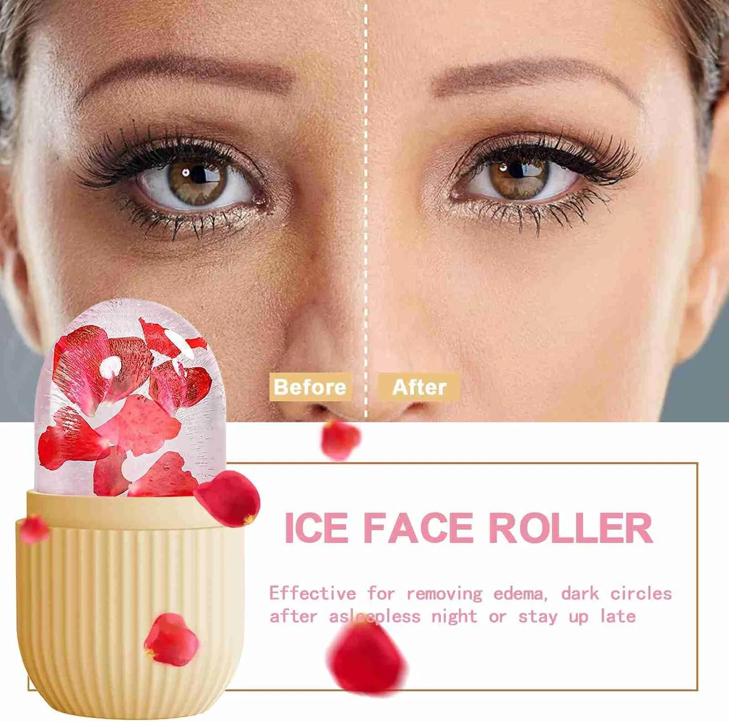 XHJRI Ice Face Roller Massager,Ice Cube Roller for Face, Eyes and Neck Naturally Conditioning and Skin Care,De-Puff Eye Bags,Reduce Migraine Pain,Reusable Massage Silicone Ice Mold (Beige)