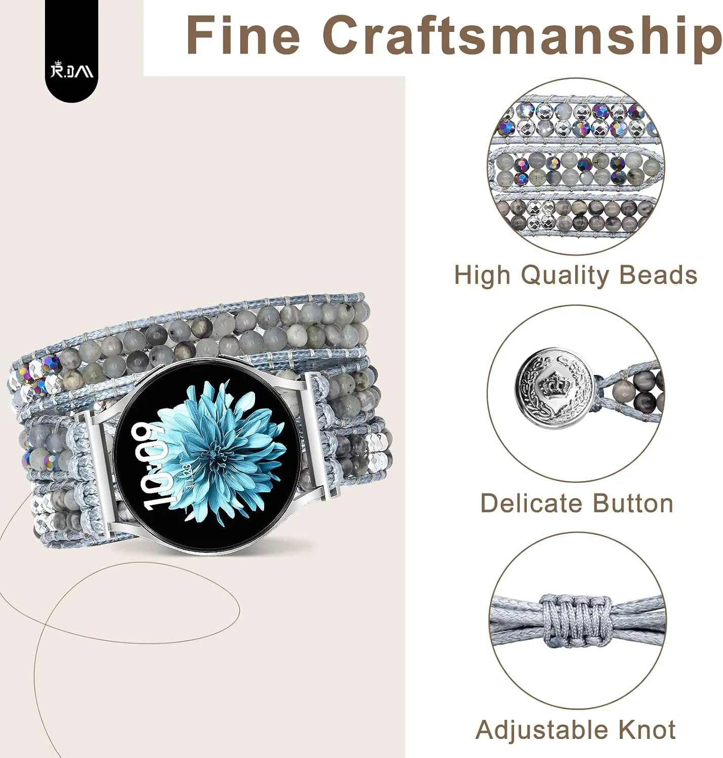 JR.DM Boho Beaded Handmade Braided Bracelet Band Women 20mm Compatible with Samsung Galaxy Watch 7/6/5/4/Active 2/4 Classic/6 Classic/5 Pro/FE 40mm 42mm 43mm 44mm 45mm 46mm 47mm