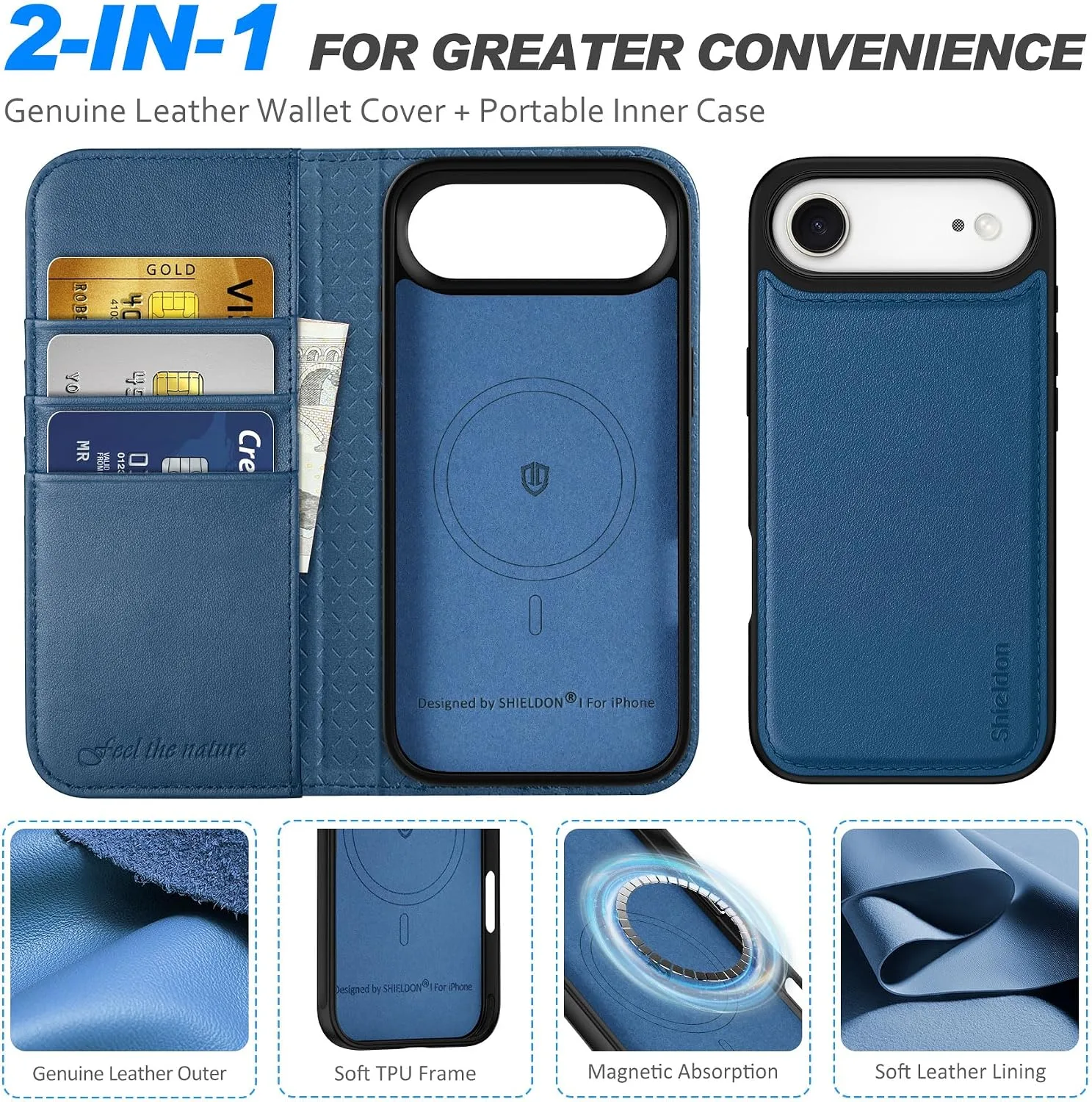 SHIELDON Detachable Leather Case Wallet for iPhone Air 6.5", Royal Blue