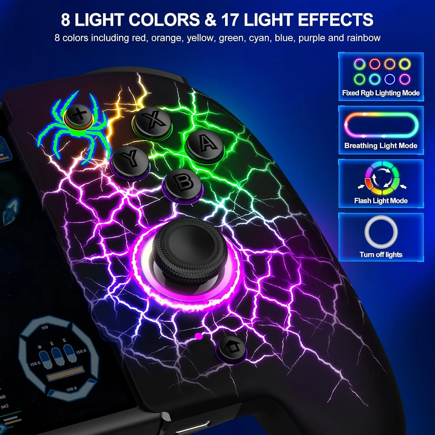 Gammeefy Switch Controller – Hall Effect Joysticks & Enhanced Grip – One Piece Switch Joypad Replacement Switch Pro Controller with 8-Color RGB Lighting, Turbo, Macros - Spider Silk, 6.2"/7"