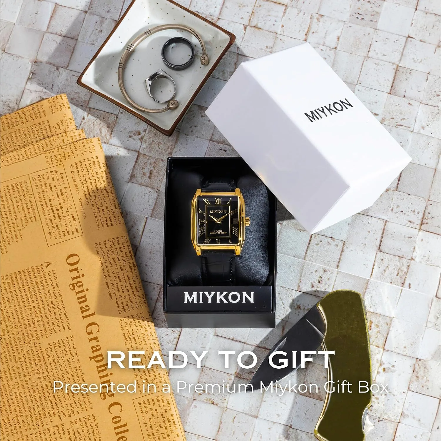 Miykon Men Vintage Tank Dress Watch, Genuine Leather Strap, Water Resistant