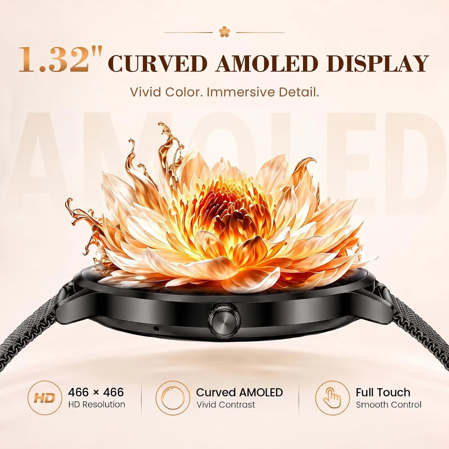 WalkerFit Smart Watch for Women Android/iPhone, 1.32" Curved AMOLED 2 Bands