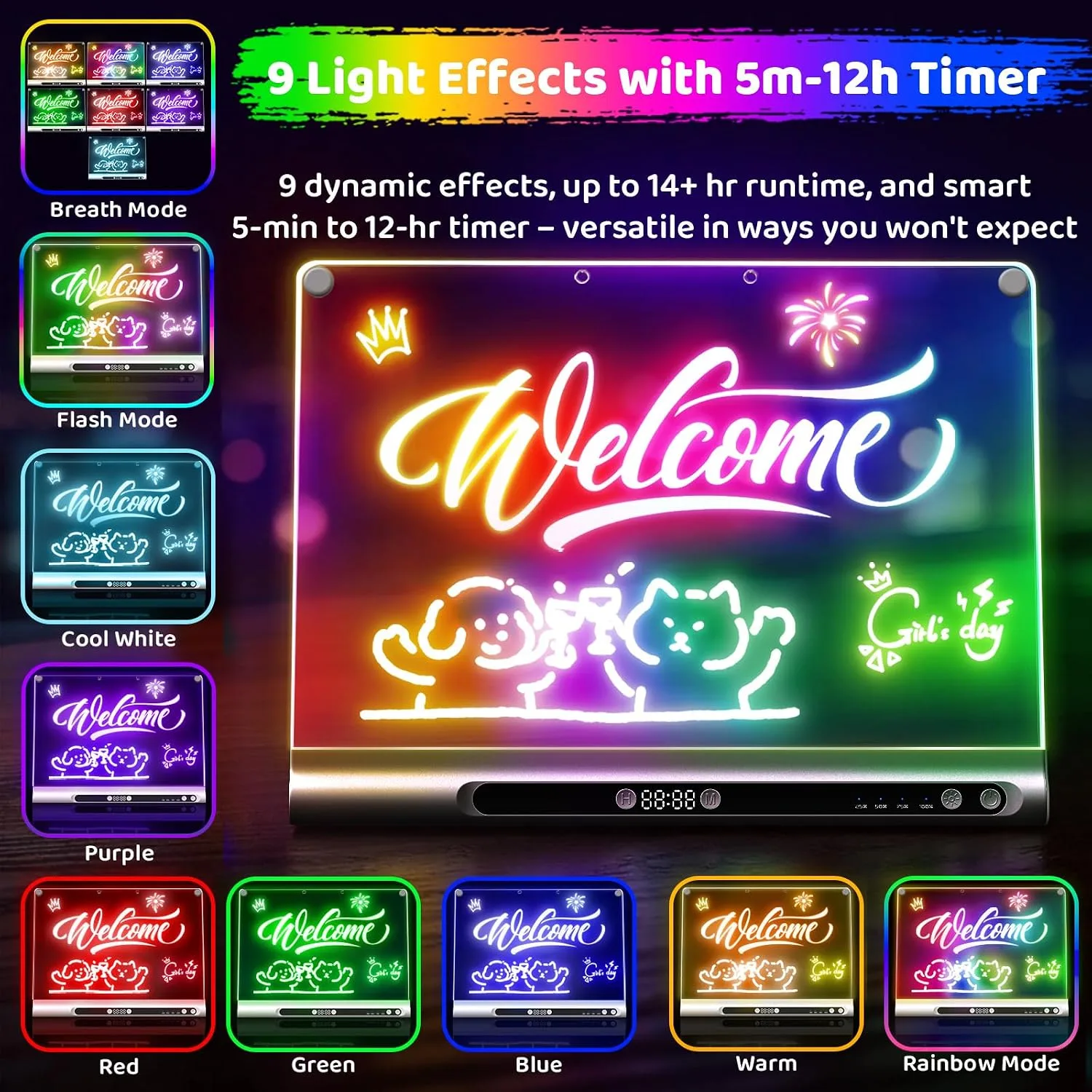 Geokay 16“ Rechargeable LED Drawing Board, 9-Color Light Modes with Timer