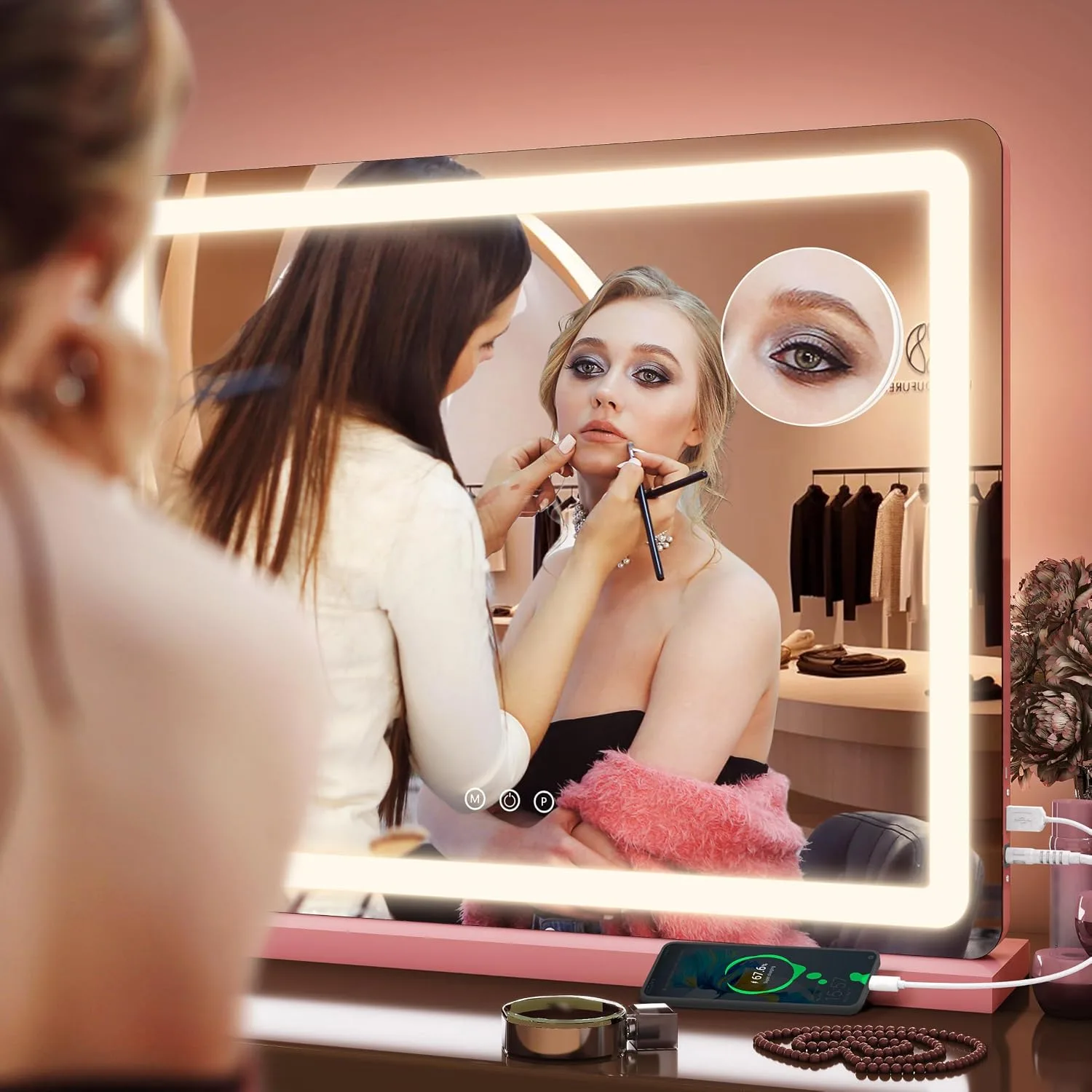 FENNIO 23" x 18" Vanity Mirror with Lights，LED Makeup Mirror，Hollywood Mirror with 3 Color Modes & Adjustable Brightness，Vanity Mirror Pink