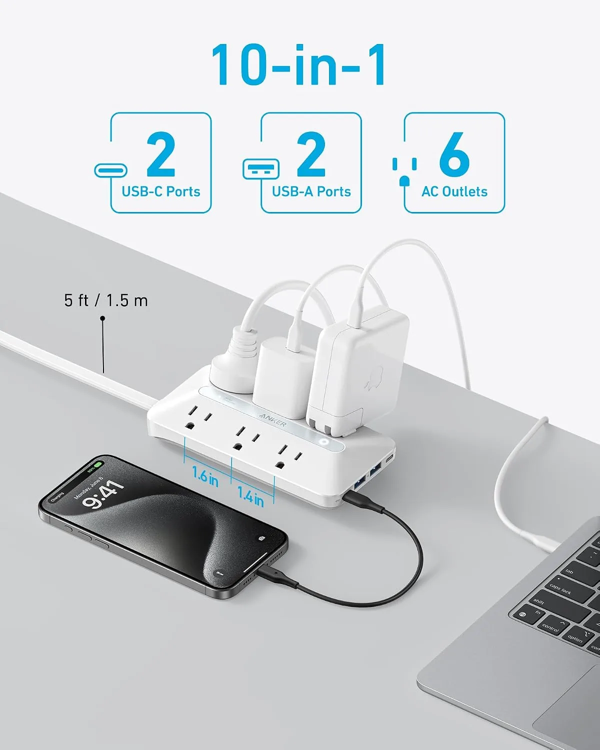 Anker Power Strip with 300J Surge Protector, 5ft Outlet Extender, 20W, 6AC