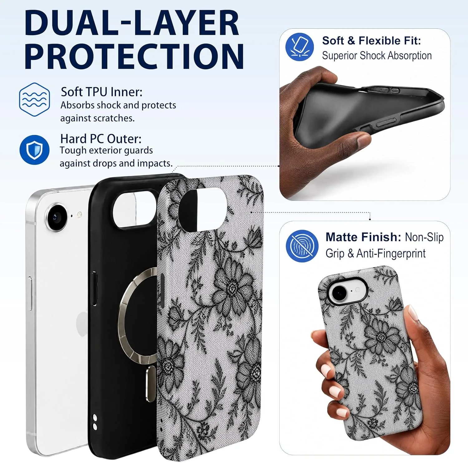 Magnetic for iPhone 16E/17E Black Lace Phone Case, Floral Flower