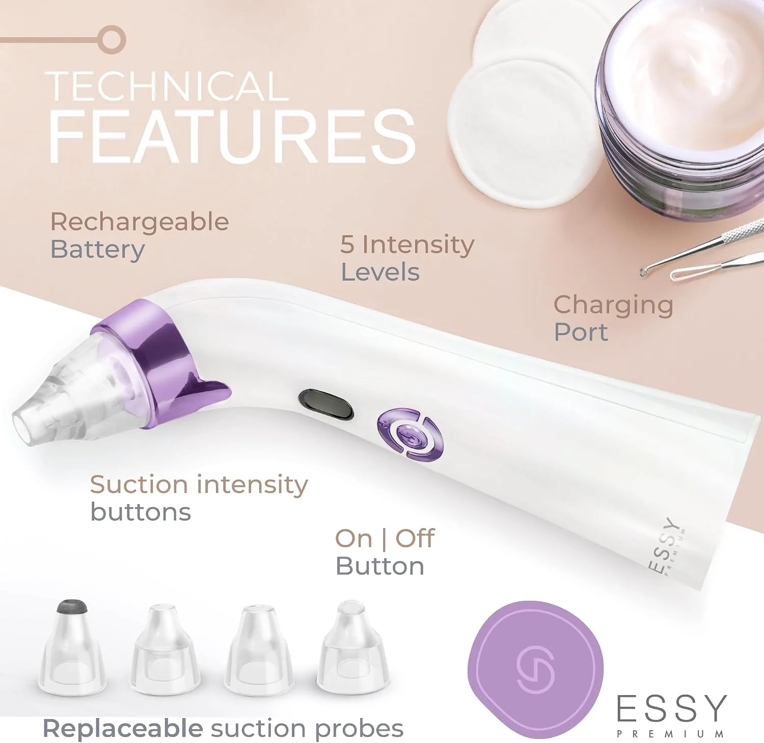 Essy Blackhead Remover Facial Cleanser Machine for Pimple Suction (Purple)