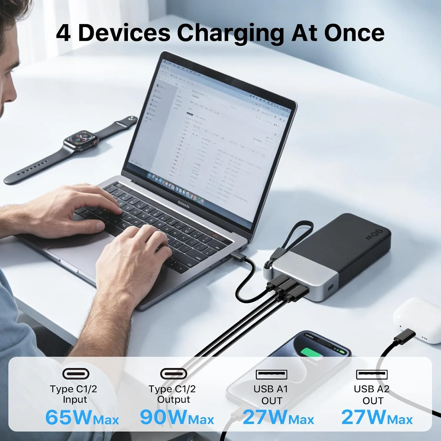 NOBIS Portable Charger 20000mAh 90W Power Bank w/Detachable Cable